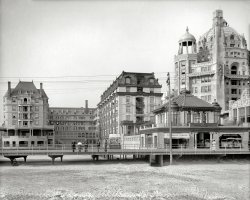 The Atlantic City Boardwalk circa 1908. "Hotel Dennis." And the Marlborough-Blenheim at right, along with a number of supporting players high and low. 8x10 inch glass negative, Detroit Publishing Company. View full size.