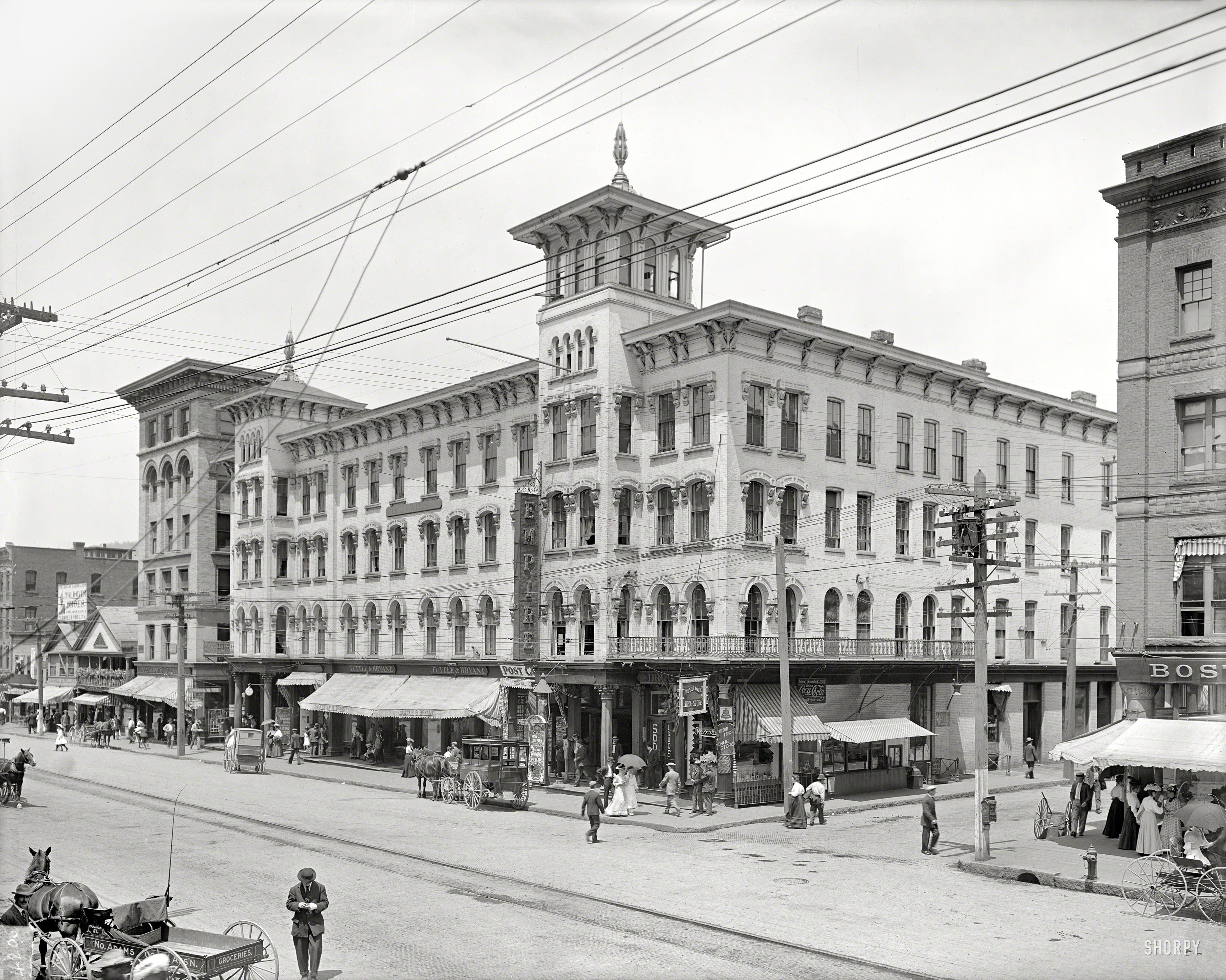 Circa 1908. "North Adams, Massachusetts -- Wilson Hotel." With "first-class moving pictures" at the Empire Theatre. 8x10 glass negative. View full size.