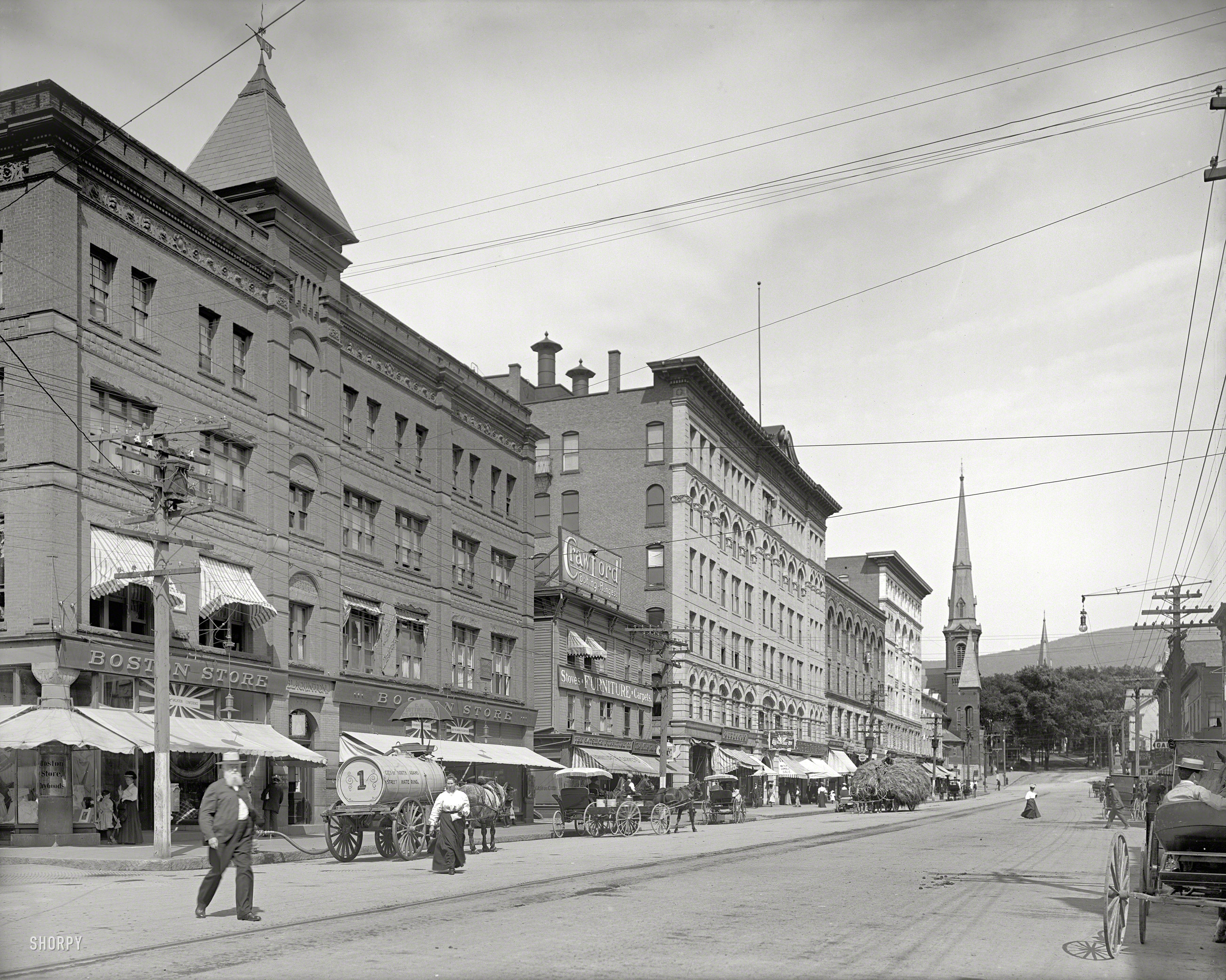 Circa 1907. North Adams, Massachusetts. "Main Street, looking east." 8x10 inch dry plate glass negative, Detroit Publishing Company. View full size.