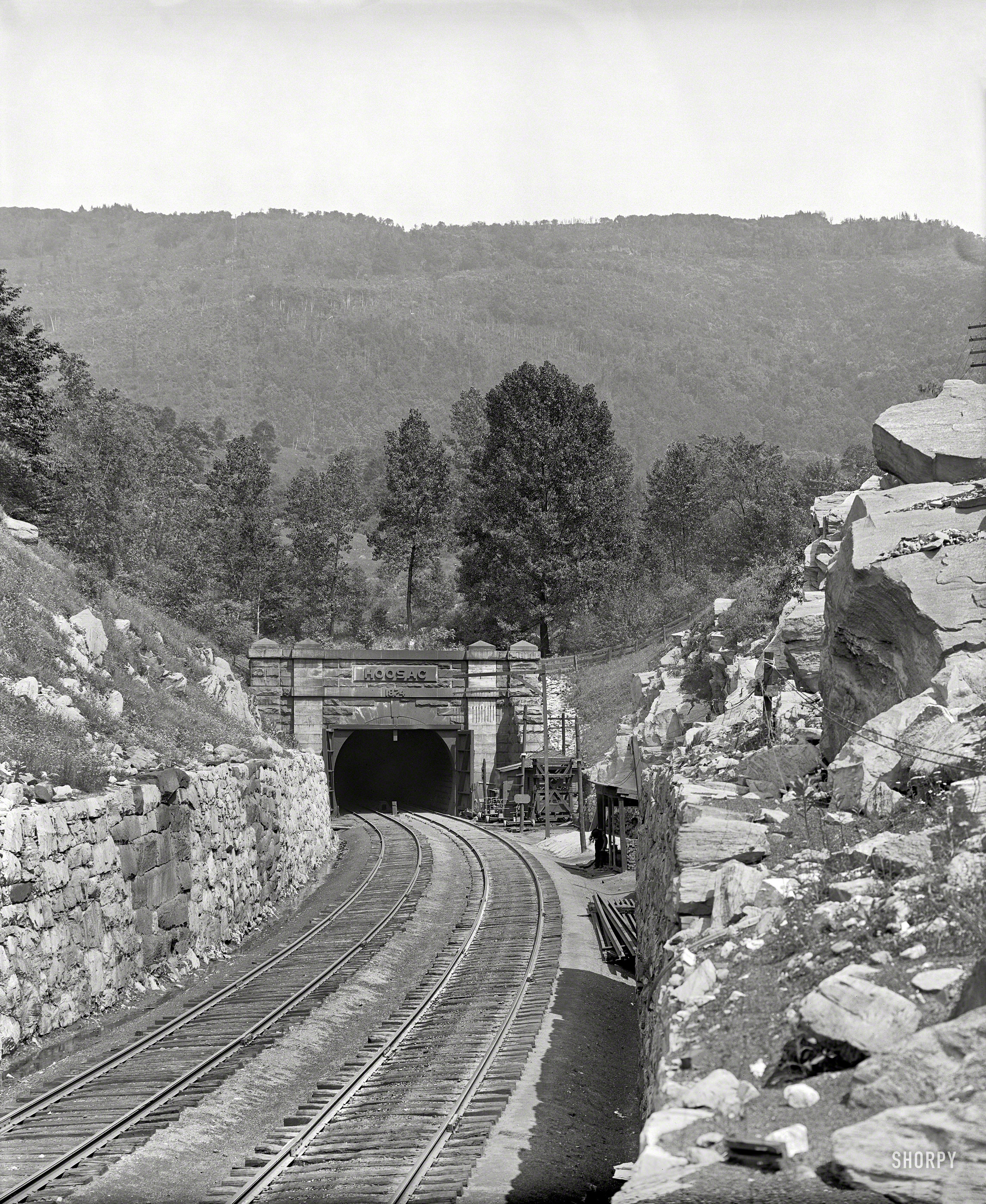 Circa 1907. "West portal, Hoosac Tunnel, North Adams, Massachusetts." 8x10 inch dry plate glass negative, Detroit Publishing Company. View full size.