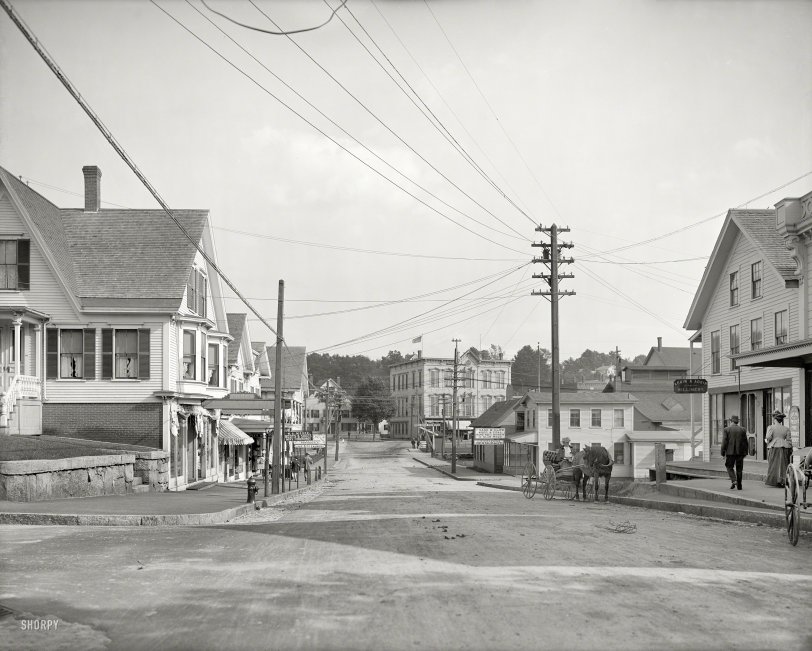 Circa 1907. "Street in Lakeport, New Hampshire." Points of interest in this view of the fair city (last seen here) include the Lovejoy &amp; Prescott fire insurance agency, Adkin &amp; Adkin Millinery, the L.E. Pickering restaurant, Frank Clow Wood &amp; Coal ("Hard, Soft, Bobbin &amp; Slab"), W.A. Moore Boots &amp; Shoes, and a lady having a conversation with her horse. Not pictured: sign painter with a graduate degree in ampersands. 8x10 glass negative, Detroit Publishing. View full size.
