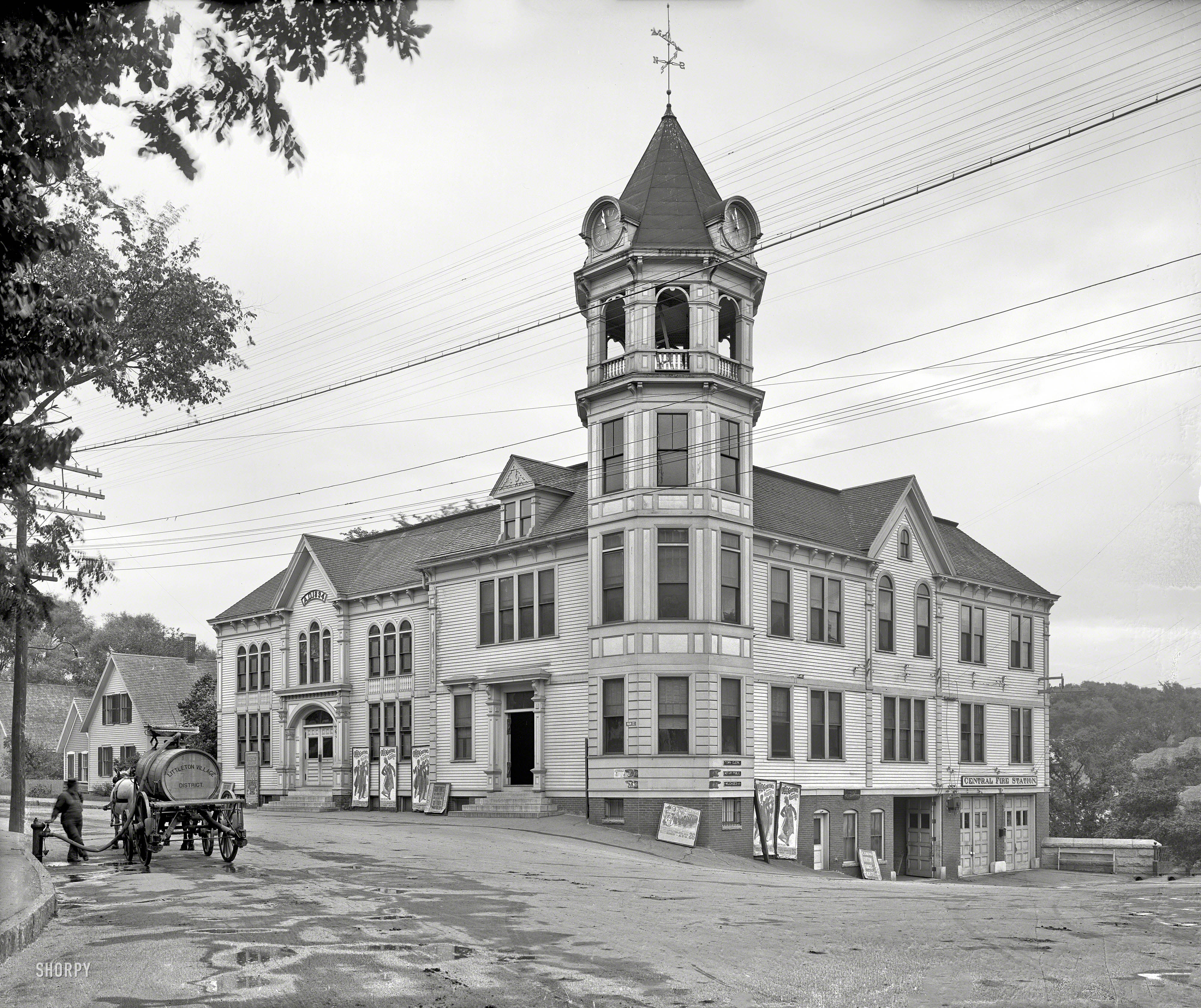 Circa 1907. "Town Building, fire station and opera house -- Littleton, N.H." Coming Aug. 26: Gorton's Famous Minstrels. 8x10 glass negative. View full size.