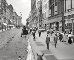 New York circa 1905. "West 23rd Street." Home to Best & Co's "Lilliputian Bazaar," Bonwit Teller ("Women's Outer Garments"), Waterbury Dental Parlors and Eden Musee. 8x10 glass negative, Detroit Publishing Co. View full size.