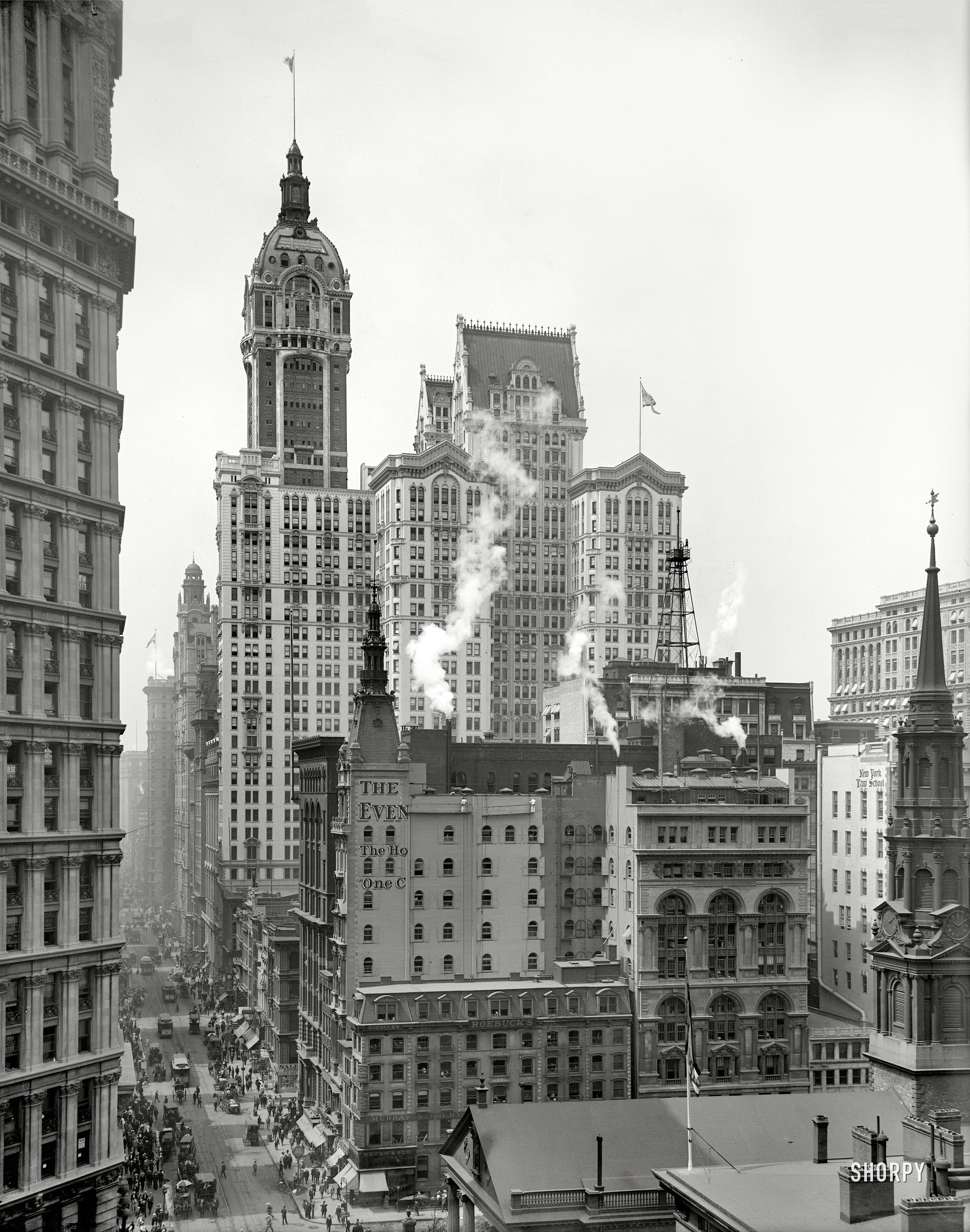 Manhattan circa 1910. "Singer Building down Broadway from the post office." 8x10 inch dry plate glass negative, Detroit Publishing Company. View full size.