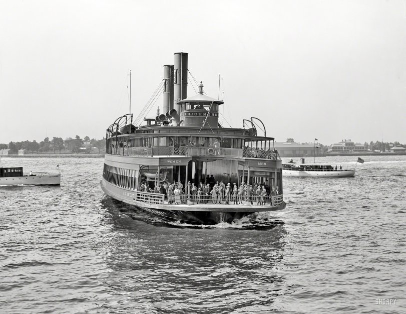 New York circa 1908. "Municipal ferry Richmond." Where men are port and women are starboard, in theory at least. 8x10 glass negative. View full size.
