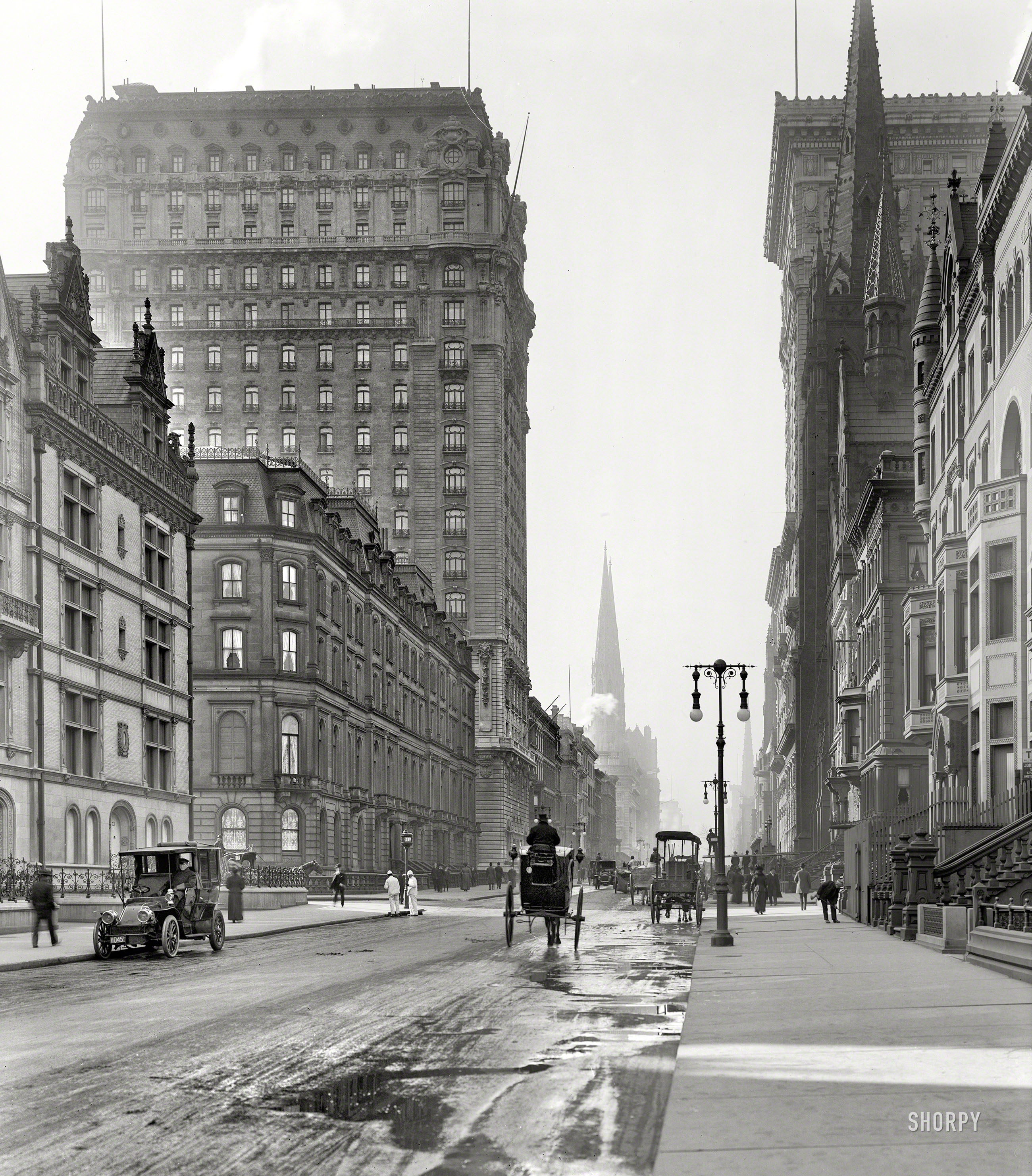 New York circa 1905. "St. Regis and Gotham hotels." Looking south along Fifth Avenue at East 56th Street, a streetscape glimpsed here from a different angle. On the right, the Gotham rising behind Fifth Avenue Presbyterian Church. 8x10 inch dry plate glass negative, Detroit Publishing Company. View full size.