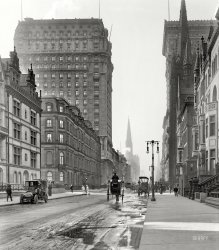 New York circa 1905. "St. Regis and Gotham hotels." Looking south along Fifth Avenue at East 56th Street, a streetscape glimpsed here from a different angle. On the right, the Gotham rising behind Fifth Avenue Presbyterian Church. 8x10 inch dry plate glass negative, Detroit Publishing Company. View full size.
Vigilant copThe cop in the car across the street is eyeing us pretty good.
[He's a chauffeur. - tterrace]
+101Below is the same view from April of 2006.
St. Regis hotelLovely building, and luckily, still exists. As I see, they even built a "bigger" version in Atlanta (2009). Still prefer the original one!
Current viewThis is from Google Maps. Nice to see it's lasted nearly 100 years. 
(The Gallery, Cars, Trucks, Buses, DPC, NYC)
