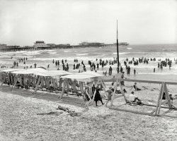 The Jersey Shore circa 1906. "Bathers at Atlantic City." Note the airship exhibit and roller rink on the pier. Detroit Publishing glass negative. View full size.