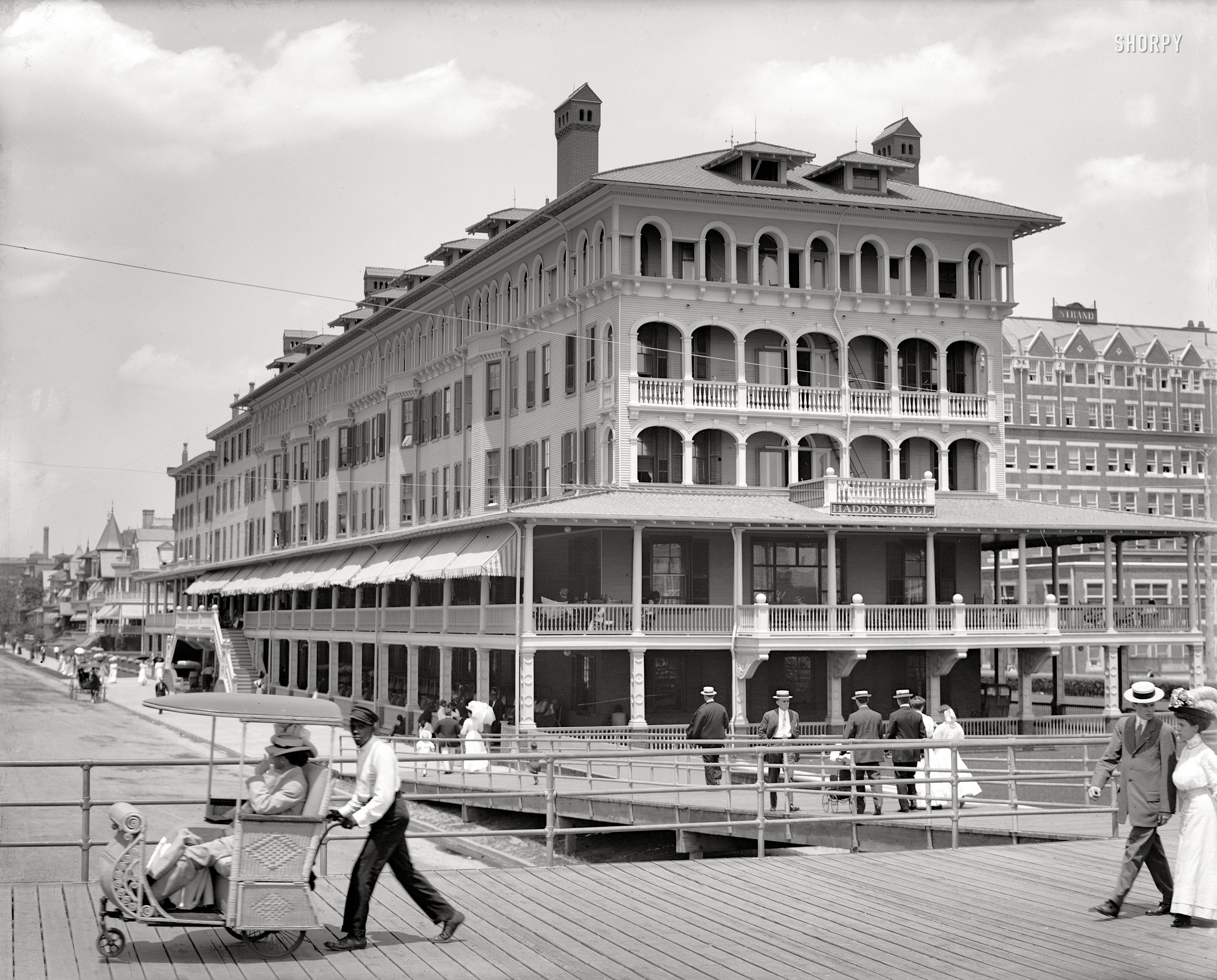 The Jersey Shore circa 1907. "Haddon Hall and Boardwalk, Atlantic City." 8x10 inch dry plate glass negative, Detroit Publishing Company. View full size.