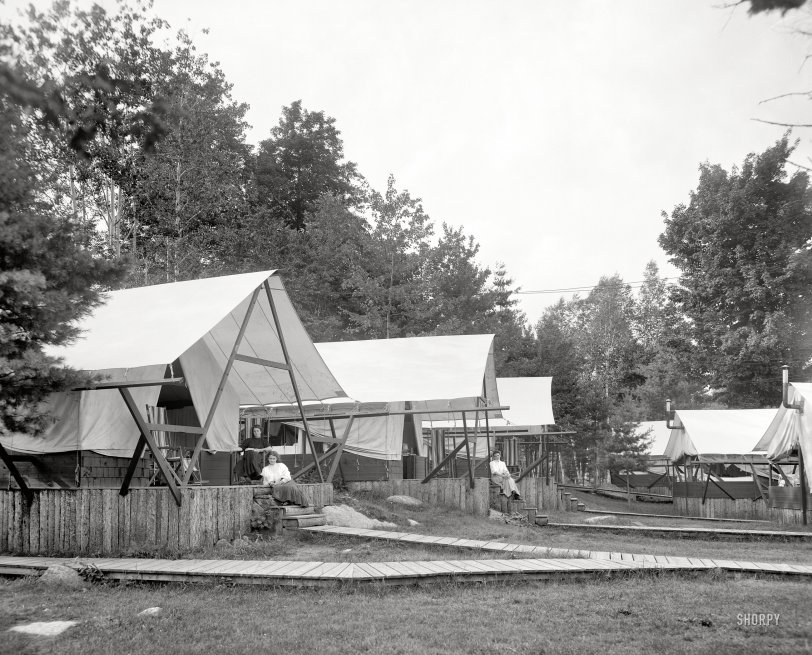 Saranac Lake, New York, circa 1909. "State hospital, Ray Brook sanatorium, Adirondack Mountains." "House tents" at the New York State Hospital for Incipient Pulmonary Tuberculosis. 8x10 glass negative. View full size.

