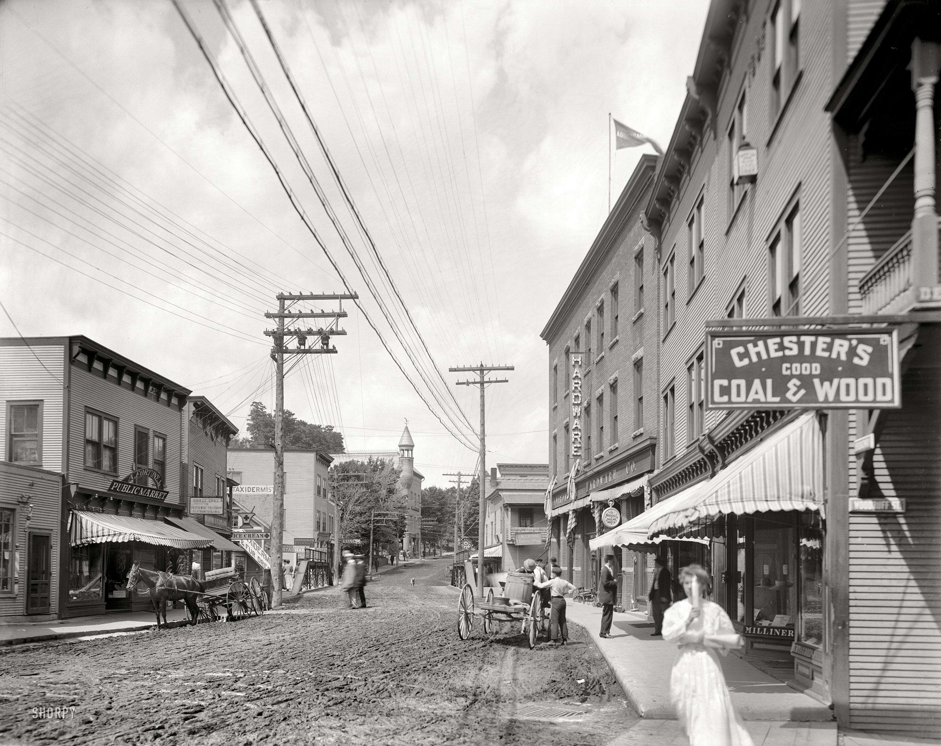 New York circa 1909. "Broadway -- Saranac Lake, Adirondack Mountains." Revisiting the scene glimpsed earlier here, with the addition of a shy pedestrian. Note the sly signage of "Ernest Crice, hustling newsboy," who cheekily gives his address as "Flatiron Building." 8x10 glass negative. View full size.