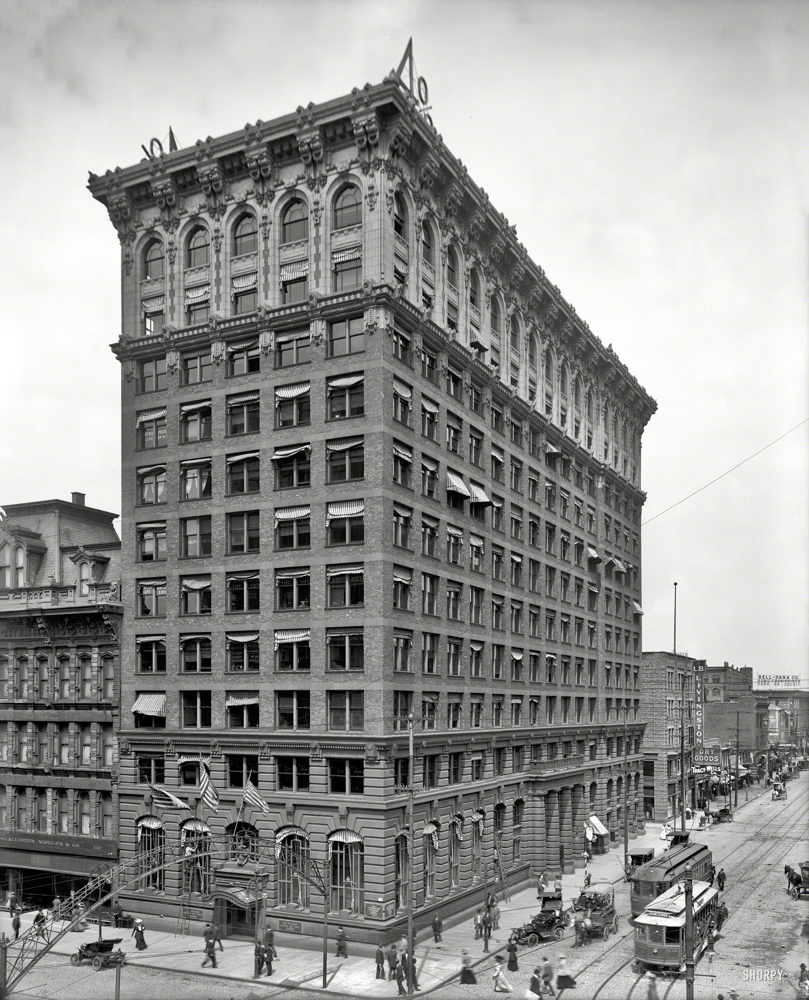 &nbsp; &nbsp; &nbsp; &nbsp; Completed in 1905, the Columbus Savings & Trust Building, known today as the Atlas Building, counted among its amenities "seven elevators, complete refrigerating plant, its own power plant to furnish electric lights for the offices, direct steam heating and a pneumatic clock system with dials on each floor."

Columbus, Ohio, circa 1910. "Columbus Savings & Trust Company." 8x10 inch dry plate glass negative, Detroit Publishing Company. View full size.