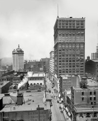 Pittsburgh circa 1910. "Wood Street and the Farmers Bank." At left, the domed Keenan Building. 8x10 glass negative, Detroit Publishing Co. View full size.