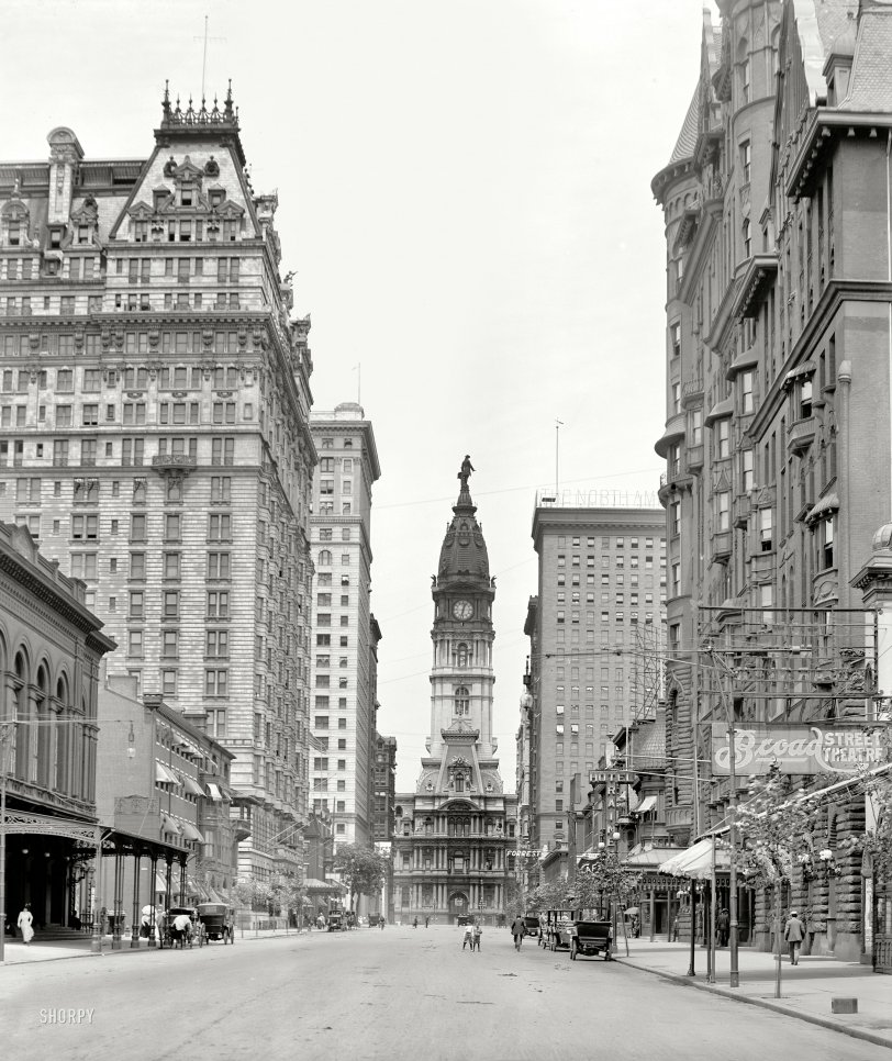 Philadelphia circa 1909. "Broad Street north from Walnut." With City Hall, William Penn and two young friends center stage. View full size.
