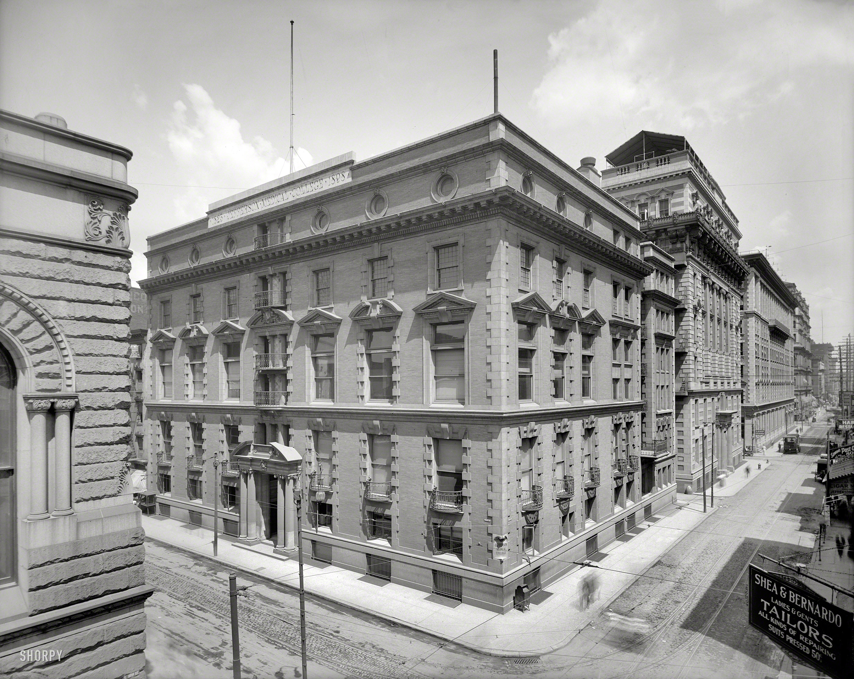 Philadelphia circa 1909. "Jefferson Medical College and Hospital, 10th Street." Another of Detroit Publishing's hyper-detailed corner views, complete with requisite ghost pedestrian. 8x10 inch glass negative. View full size.