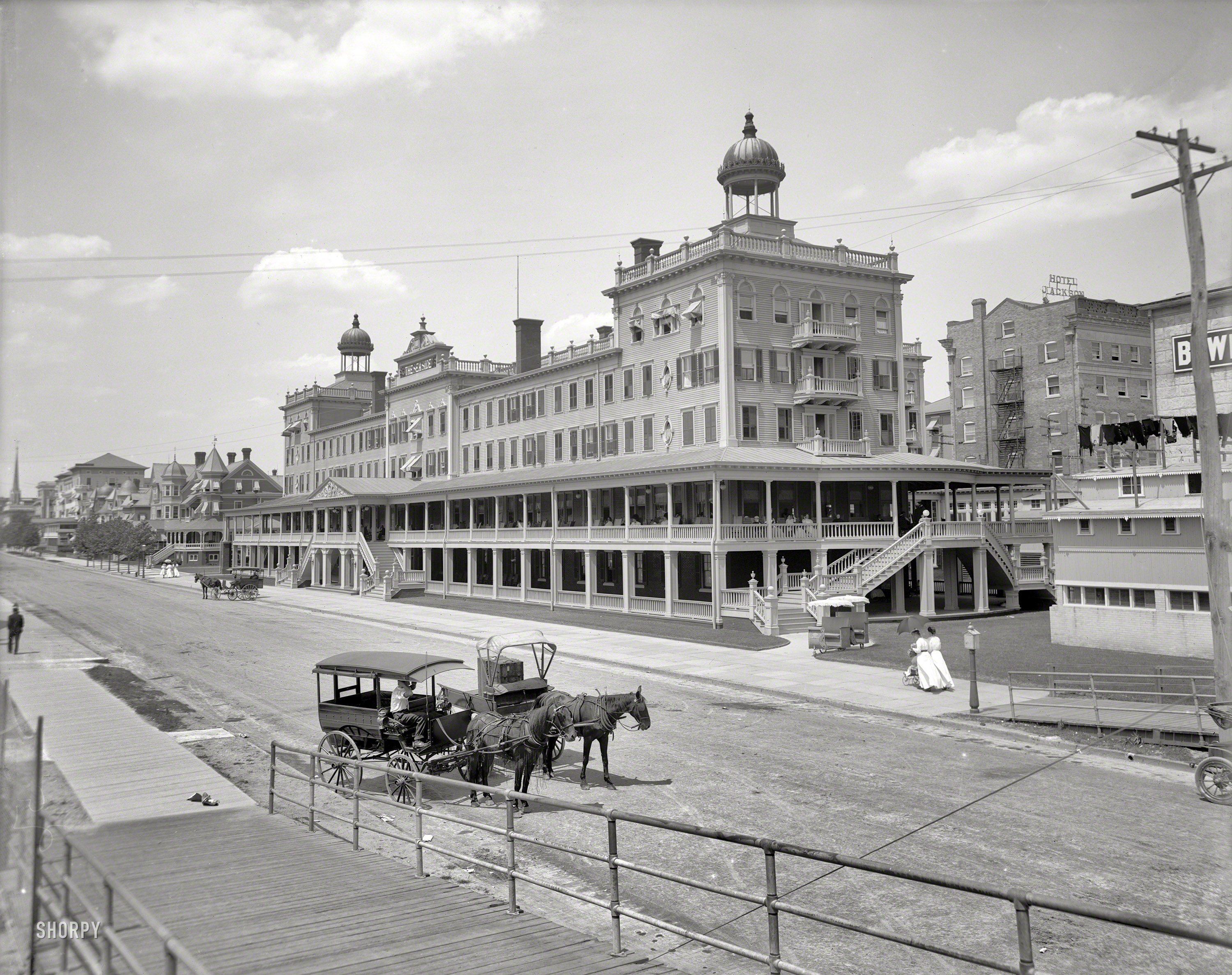Atlantic City circa 1907. "Seaside Hotel (Seaside House)." Note the fly netting on the horse. 8x10 inch glass negative, Detroit Publishing Co. View full size.