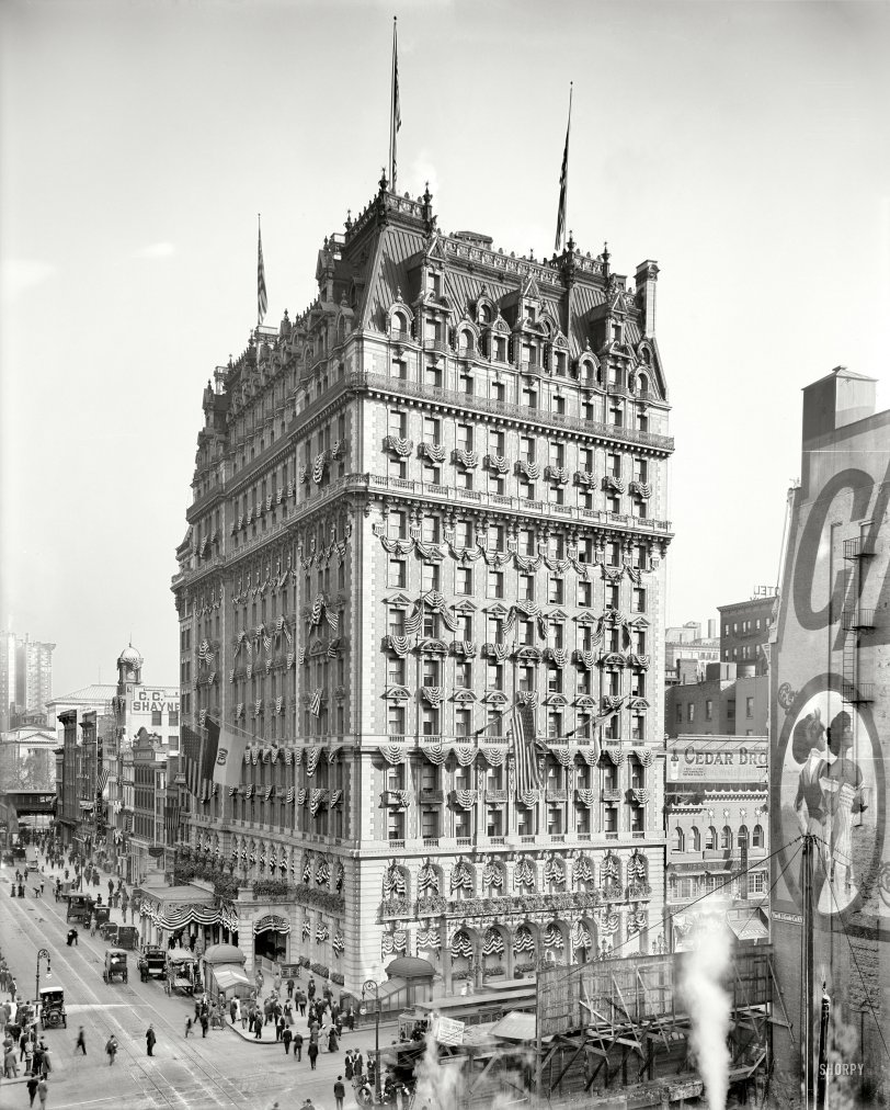 New York, 1909. "Knickerbocker Hotel, Broadway &amp; 42nd Street." Decked out for the Hudson-Fulton Celebration. 8x10 inch glass negative. View full size.
