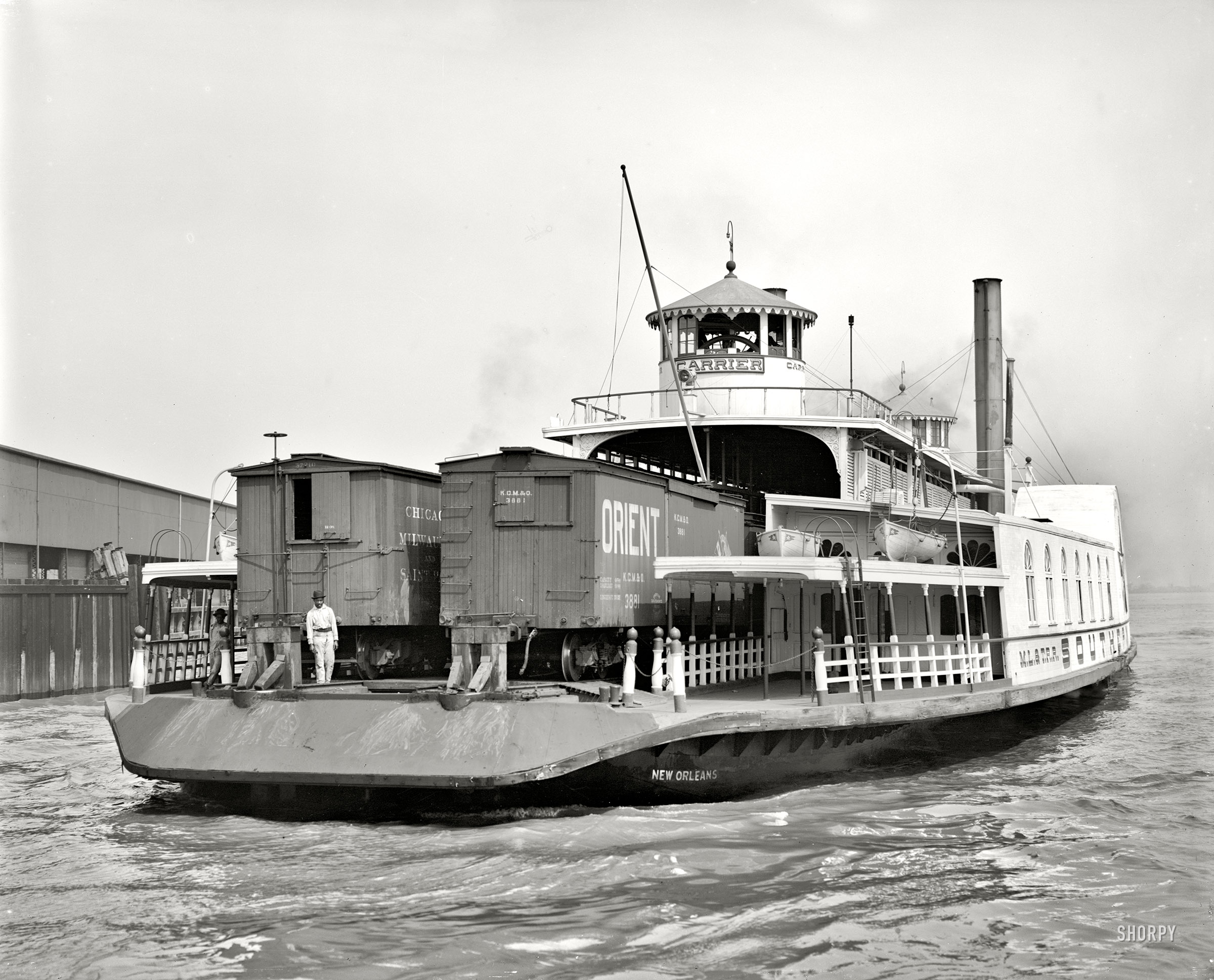 Circa 1910. "Southern Pacific R.R. transfer boat Carrier at New Orleans." 8x10 inch dry plate glass negative, Detroit Publishing Company. View full size.
