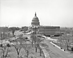 Circa 1908. "North view of United States Capitol, Washington, D.C." 8x10 inch dry plate glass negative, Detroit Publishing Company. View full size.
Butler MansionThe blockish building beyond the steps to the House is the former Butler Mansion, previously seen at Public Health: 1914.
Large fountain on left center of photoThought there was a very large pond / fountain on east side of US Capitol? Or did it come later, say ~1922?
[You're on the wrong side. The Reflecting Pool faces the Capitol's West Front. - Dave]
Yes the Capitol Reflecting Pool came many years later &amp; is on the West side of the Capitol, between 1st &amp; 3rd Sts NW &amp; SW. This pic was taken in NE facing south. Between the Capitol and 1st St NE &amp; SE where 2 large parking areas were until the Visitor Center showed up a few years ago. Part of that parking area was the pool / "pond" / fountain that was paved over. 20's, 30's or maybe a little later. Maybe someone can find &amp; post a pic. My Mom &amp; her family lived at  216 Maryland Ave NE &amp; her &amp; her 2 brothers would go play around the "pool"  - 1923 to 1925. Guess it's time to visit the Architect of the Capitol for his pictures.
RSOBThis was probably taken from the roof of the brand-new Senate Office Building (later the Old SOB after the New SOB was built in the 1950s, now the Russell SOB since the Hart SOB was built in the 1970s.) I worked in it for 10 years, at the Armed Services Committee chambers, right off the rotunda.
(The Gallery, D.C., DPC, Streetcars)
