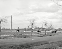 Circa 1908. "The Boulevard, Potomac Park, Washington, D.C." Various national landmarks in a strikingly uncrowded capital. 8x10 glass negative. View full size.
Finished a half-century beforeConstruction on the Washington Monument was halted between 1854 and 1877 due to budget problems, the Civil War and other slowdowns. Here, it's just 24 years after completion in 1884, and the "interim joint" is very visible about one-third up the obelisk, more so than it is today.
Before government became big businessWonderful see the wide open spaces.  The way the city planner had in mind.
Visited DC in the mid 1950's and it did not seem as crowded as it does today. 
(The Gallery, Cars, Trucks, Buses, D.C., DPC)