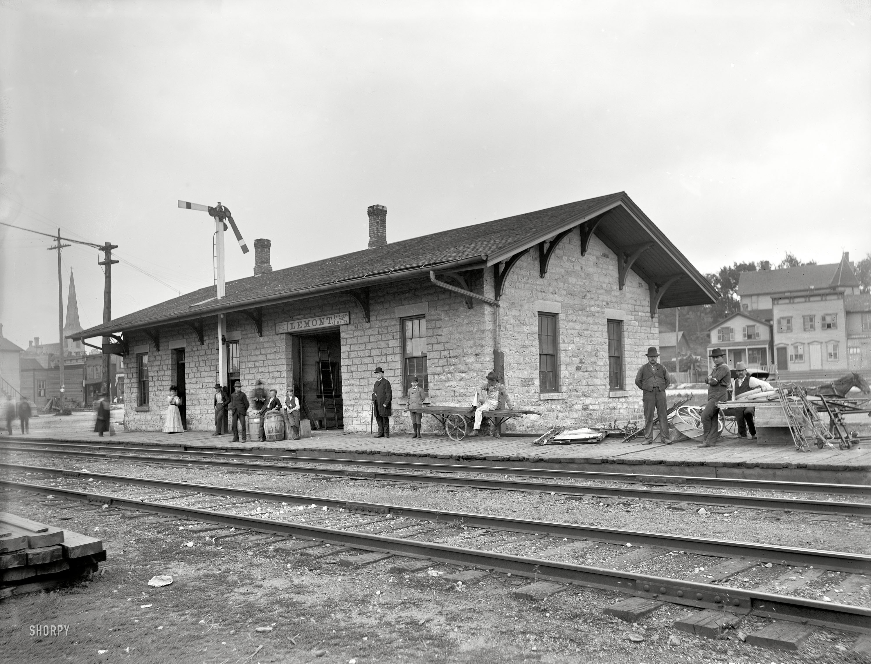 Lemont, Illinois, circa 1902. "Station of the Chicago & Alton R.R. Taken from Canal Street." 8x10 glass negative, Detroit Publishing Co. View full size.