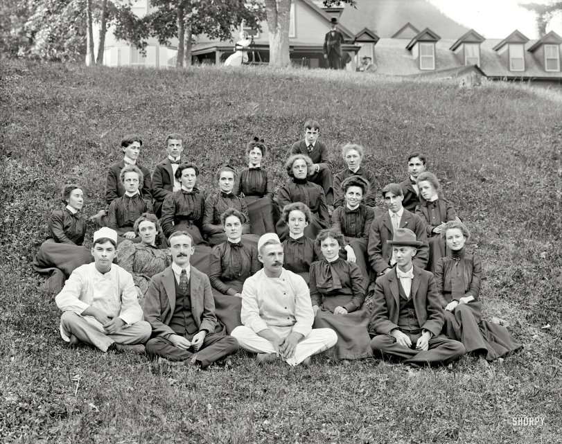 Circa 1900. "Group at the Balsams. Dixville Notch, White Mountains, New Hampshire." The hotel staff, all of whom are upstairs these days. View full size.
