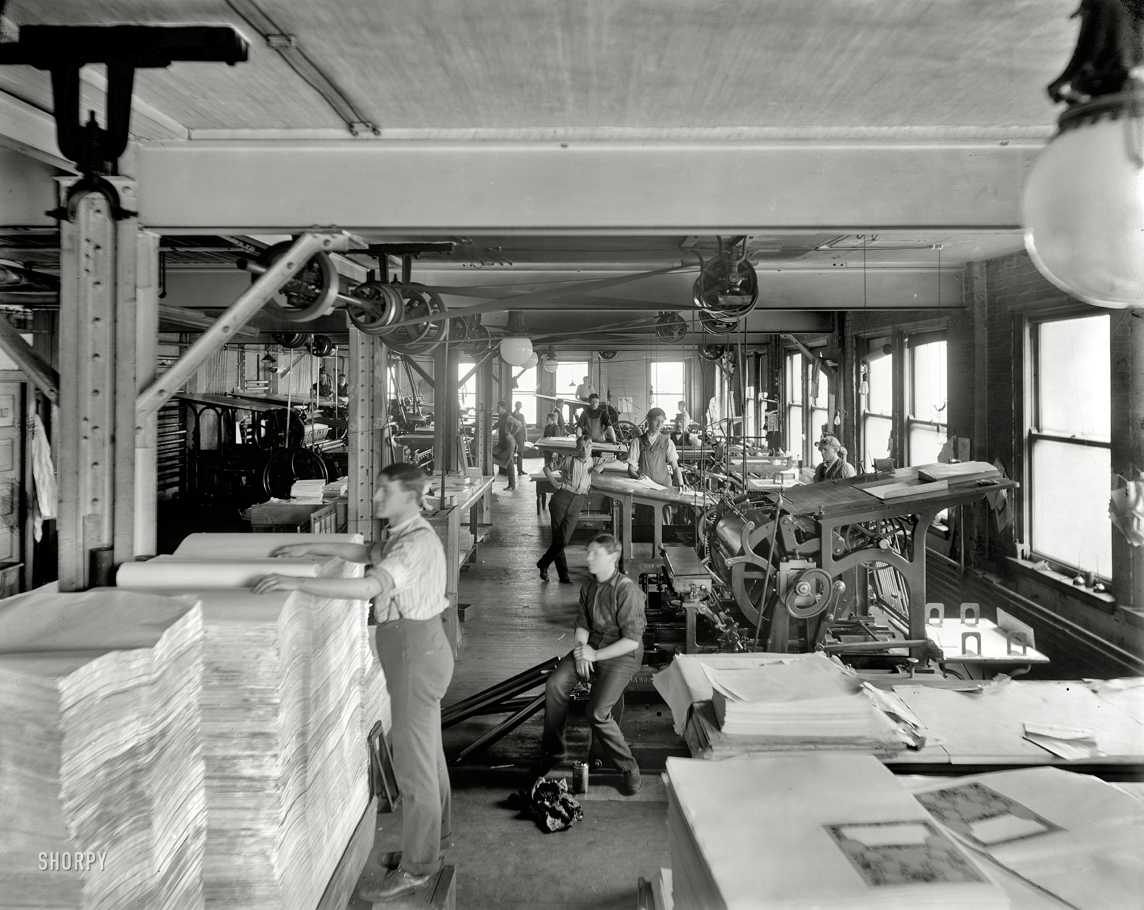 Detroit circa 1901. "Press room, Richmond & Backus Co." 8x10 inch dry plate glass negative, Detroit Publishing Company. View full size.