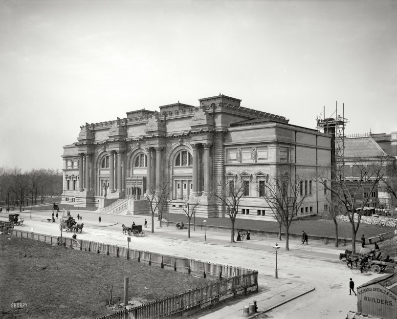 New York circa 1902. "Metropolitan Museum of Art." The Fifth Avenue addition to the original 1874 structure nearing completion. The pyramids of rough-hewn limestone blocks in the Beaux-Arts cornice, intended to serve as the basis for four sculptural groups, remain unfinished to this day. View full size.
