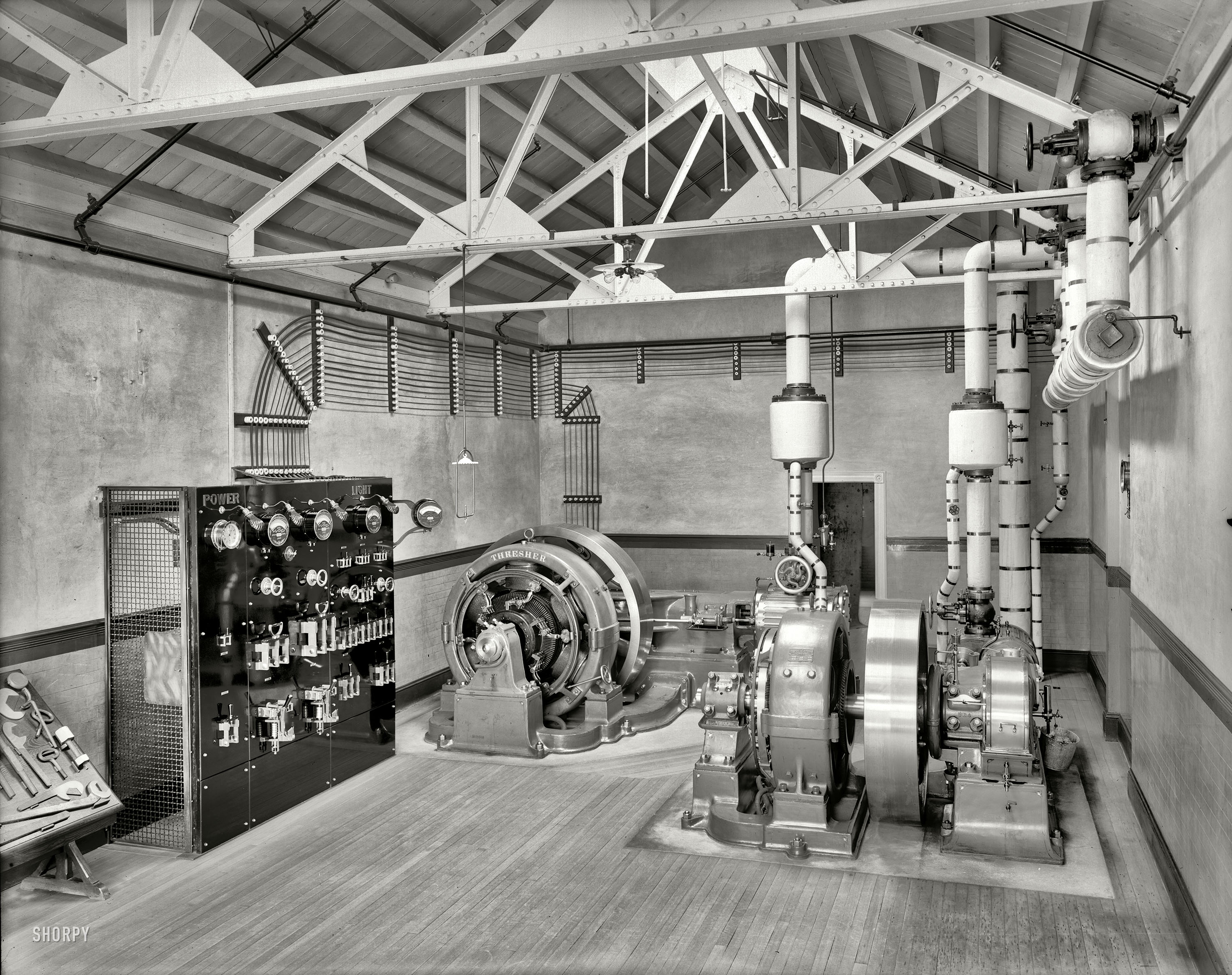 Circa 1904. "Dynamo room with switchboard." Seen earlier here. 8x10 inch dry plate glass negative, Detroit Publishing Company. View full size.
