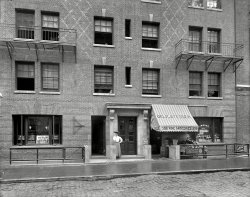 New York circa 1905. "Exterior of tenement house, E. 40th Street." Our fifth look at this building. 8x10 glass negative, Detroit Publishing Co. View full size.
ThinkThe young lady look's deep in thought. I wonder what she's thinking about? "Maybe I should have brought my umbrella."
He&#039;s in big troubleHe was supposed to pick her up a half hour ago after her shift at the deli but he's down at the pool hall and time just got away from him, you know how it is. She hopes he's not dead so she can kill him herself when he finally pulls up.
Please do not siton the railings or abutment.
Look carefully at the sidewalk and streets.Totally immaculate. In fact, you can eat off of them.
Brick lintelsI have NEVER seen brick lintels arranged in such a decorative fashion before. For such a plain building there's a lot going on in the brickwork. 
Woman by door:"Oh dear! Google Maps seems to have led me astray. I was only look for medium-quality groceries. Whatever shall I do?"
QuandaryNow where the devil did I leave the Ford?
Seasick?That wavy cobblestone street could pass for the ocean on a windy day.  Must have been a very bumpy ride.
Tea TimeI'm surprised no one has made comment of the young lady standing alone on the street.  Just above her though, through a partially openend window, appears to be two or three ladies enjoying high tea or something of the sort.  Looks like one is reaching for a salt or pepper shaker.  Shorpy provides a portal into the past to view moments enjoyed over 100 years ago!  Amazing when one thinks about it.
A Worrisome Thought
I imagine we will never know if our heroine was able to connect with her new beau.
Although she is an attractive young lady so I'm sure things worked out for her and some viewer of Shorpy might be looking at their great grandmother.
(The Gallery, DPC, NYC, Stores & Markets)