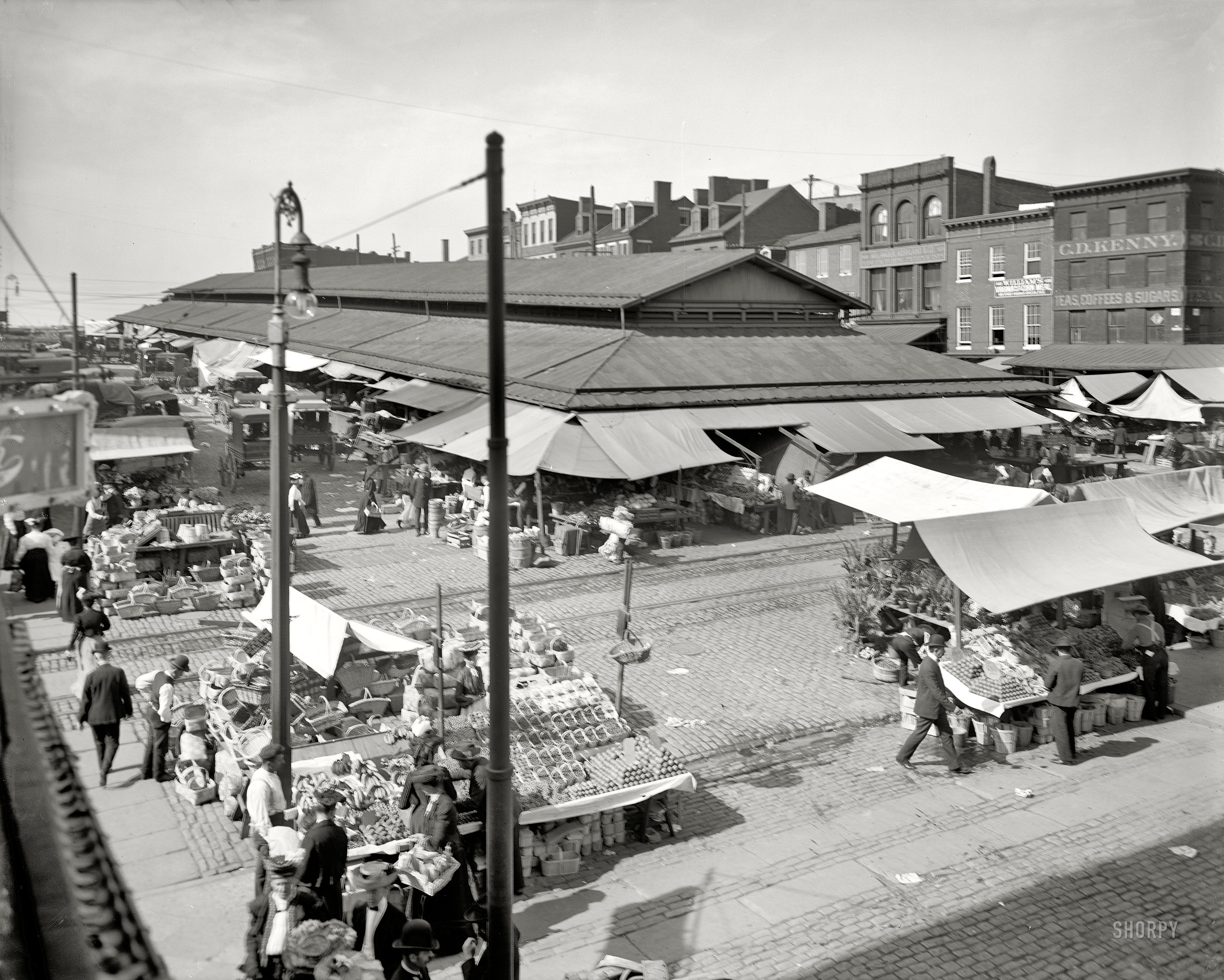 Baltimore, Maryland, circa 1905. "Lexington Market." Yes, they have bananas. 8x10 inch dry plate glass negative, Detroit Publishing Company. View full size.
