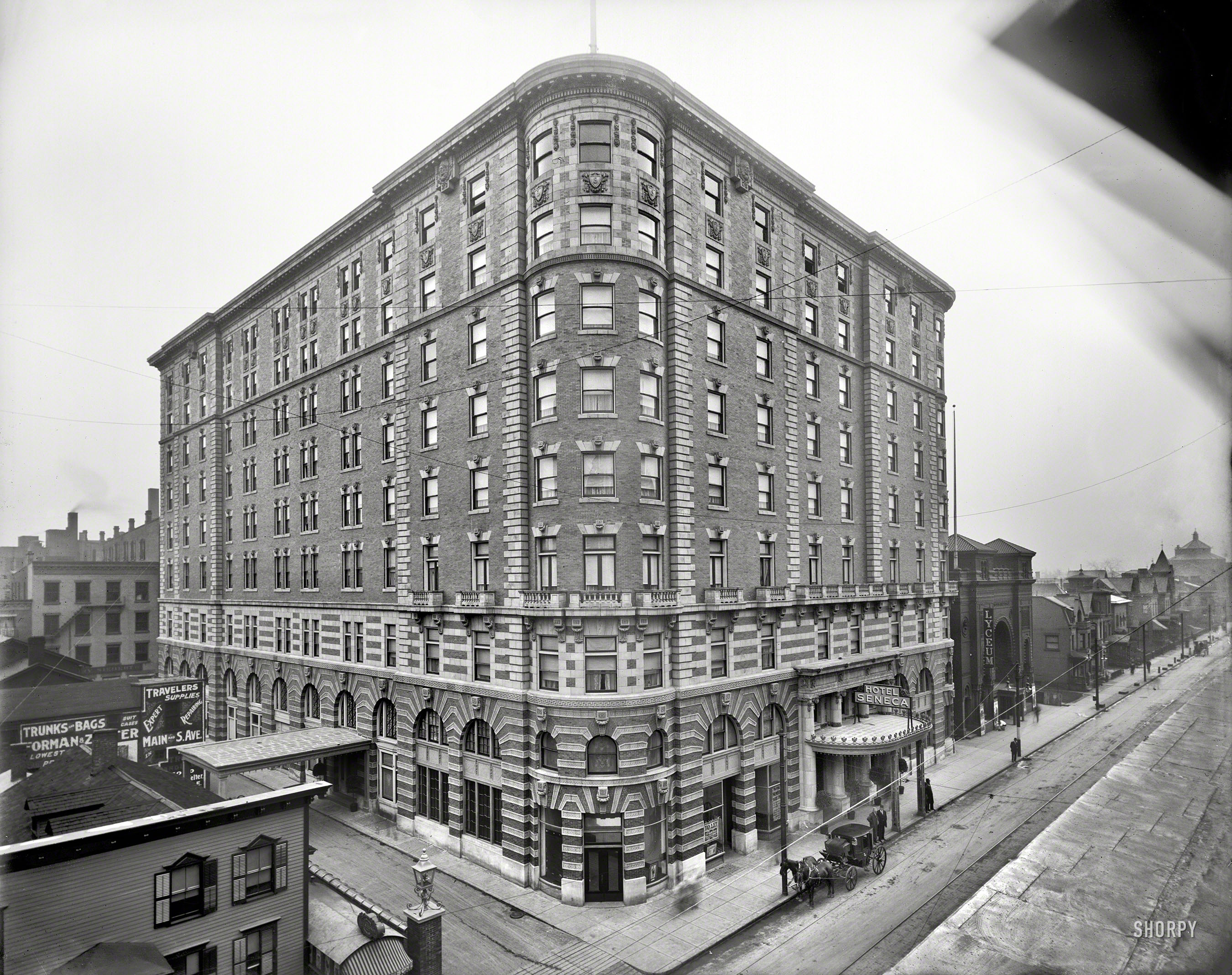 Rochester, New York, circa 1908. "Hotel Seneca." The interior seen earlier here. 8x10 inch dry plate glass negative, Detroit Publishing Company. View full size.