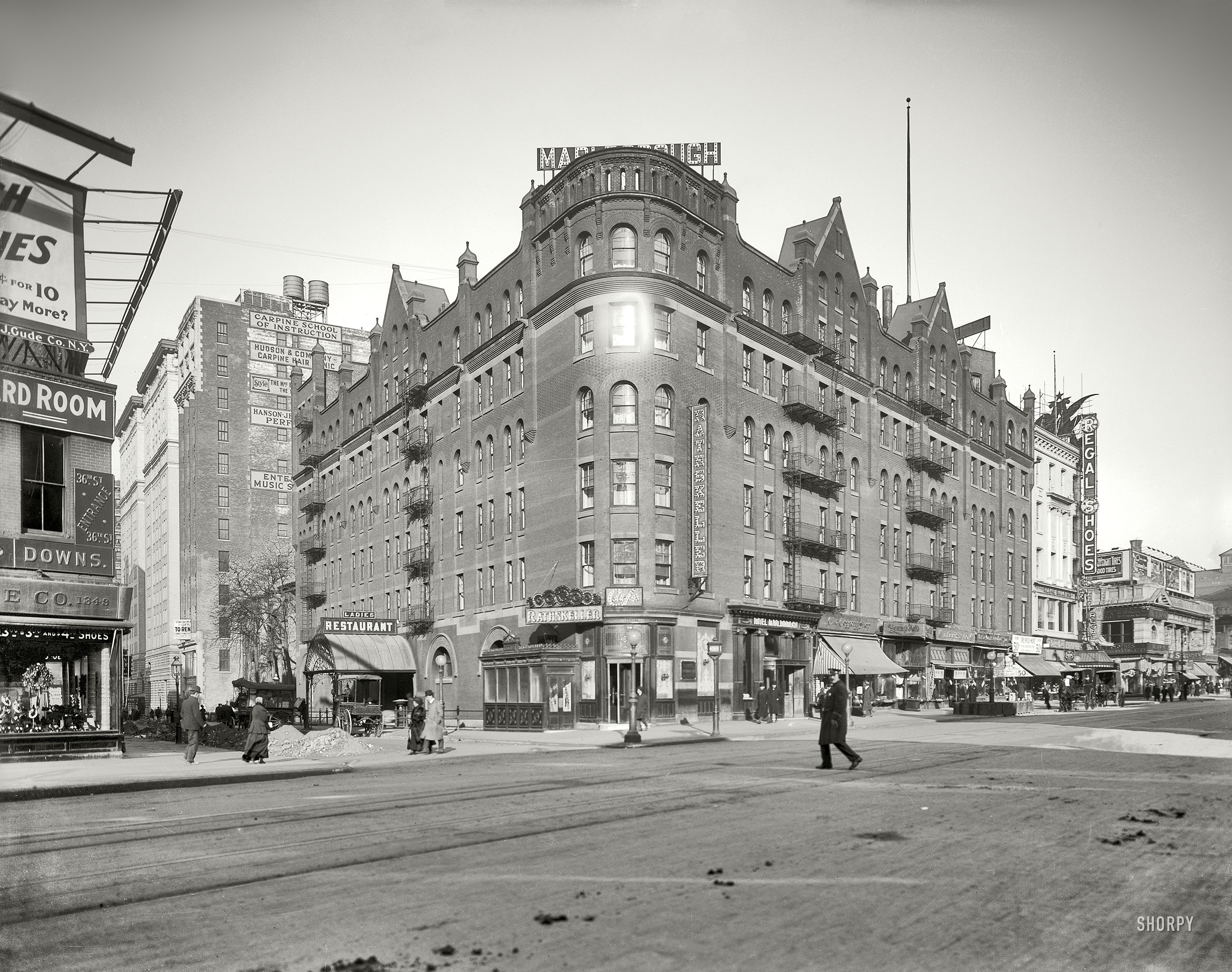 New York circa 1908. "Hotel Marlborough." On Herald Square at Broadway and West 36th. Among the amenities: A "Ladies' Restaurant." View full size.