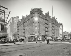 New York circa 1908. "Hotel Marlborough." On Herald Square at Broadway and West 36th. Among the amenities: A "Ladies' Restaurant." View full size.
Pre-Volstead HostelryOpened in 1888. During the years when Broadway theaters were concentrated south of Times Square, "many of our popular actors made it their home."
"It will go down in history as one of the famous Broadway hostelries of pre-Volstead days ..."
According to an ad that ran often in the Atlanta Constitution around 1900, "The Hotel Marlborough ... is very popular with the southern people ... The rooms are beautifully carpeted in brussels and velvet, while the furniture in them is of the handsomest character...A lady can leave the south and travel all the way to New York and stop at the Marlborough with as much propriety and safety as if she were at the best hotel in her own town."
But a 1923 picture in the NYTimes made it look a bit seedy. A large sign offered "ROOMS WITH BATH $1.50/UP"
In 1923 the building was purchased by A.E. Lefcourt, one of NYC's most prominent developers who erected the Brill Building, among many others.
Lefcourt planned to erect a 20-story office and loft building to cost $3 million for buyers in the women's garment and millinery industry, which apparently had by then replaced the theaters.
A sign you missedLook just above and to the left of the Regal shoes sign.  Is that the back side of a Budweiser sign?
Budweiser it isYou are right History_Fan, that is the back of the Anheuser Busch famous "A &amp; Eagle", makers of Budweiser &amp; Michelob. I've found some great beer signs on Shorpy's, some in plain view and others almost invisible. All are a lot of fun to search for.
&quot;Ladies Restaurant&quot;?Is that a restaurant just for ladies or is that the ladies entrance? Either way, it's intriguing.
[It indicated that the establishment was one which respectable women could patronize unescorted without fearing for their safety or reputation. - tterrace]
Schrafft&#039;s Also in this picture, on the right, in the row of stores is a Schrafft's Restaurant. It was one of a chain of  8 or so upscale restaurants in NYC. I have a recollection of the one at 13 Street and 5th Avenue in the attached picture. Sometime in the 1950s a friend invited to me to lunch there. It was a hot summer's day and we were in shirtsleeves. They wouldn't let us in without jackets. After some negotiating they supplied jackets for us to wear. They were the ones their waiters wore. The building (in the attachment) later become the Lone Star Cafe which was very popular. The building is located in what could be loosely described as the New School's Parsons Campus. It has become Condominium Apartments.
Beautician Or Nursing Career? From The Trained Nurse &amp; Hospital Review January 1913 via Google Book View 


(The Gallery, DPC, NYC)