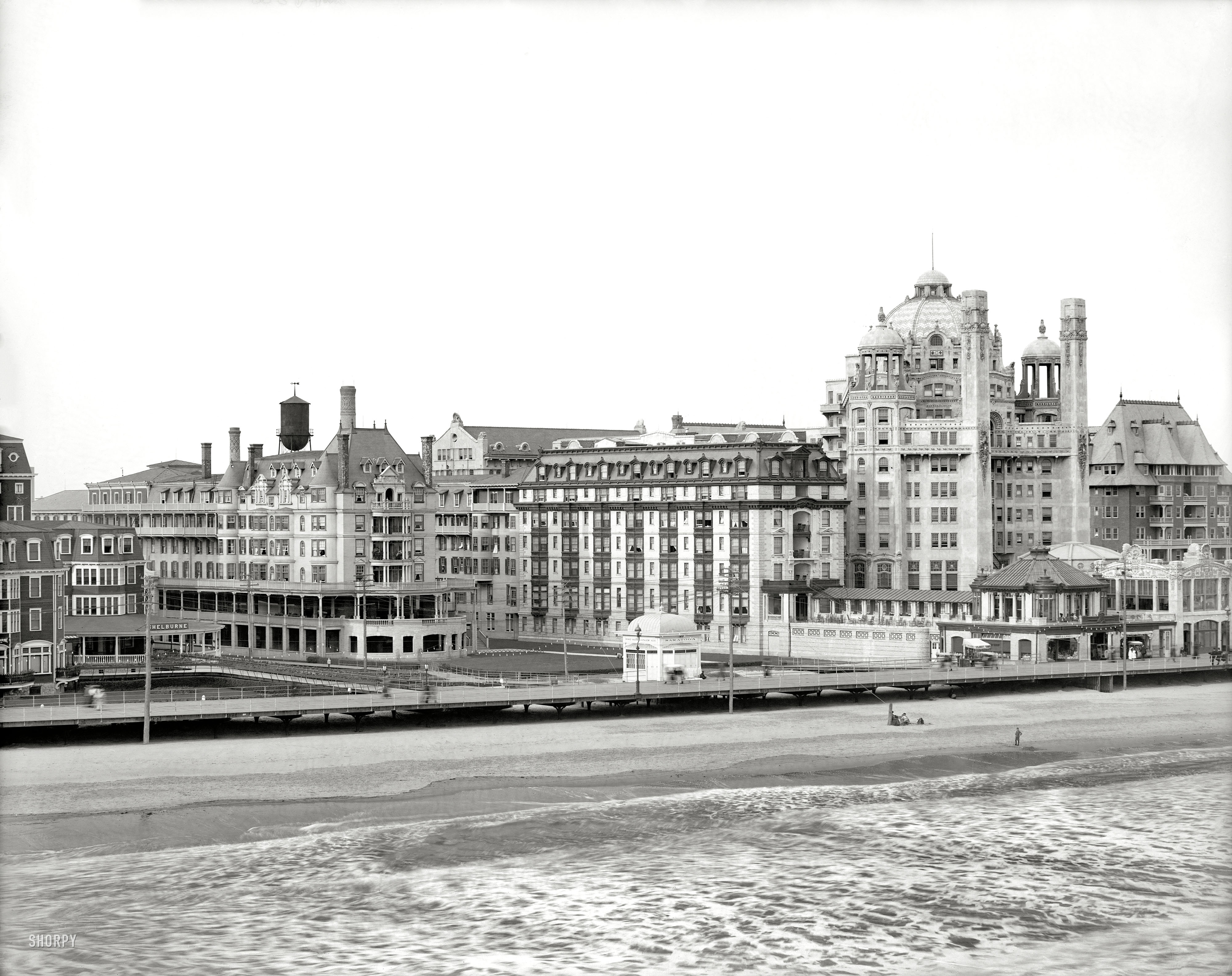 Atlantic City, New Jersey, circa 1908. "Shelburne, Dennis and Marlborough-Blenheim hotels." Detroit Publishing glass negative. View full size.