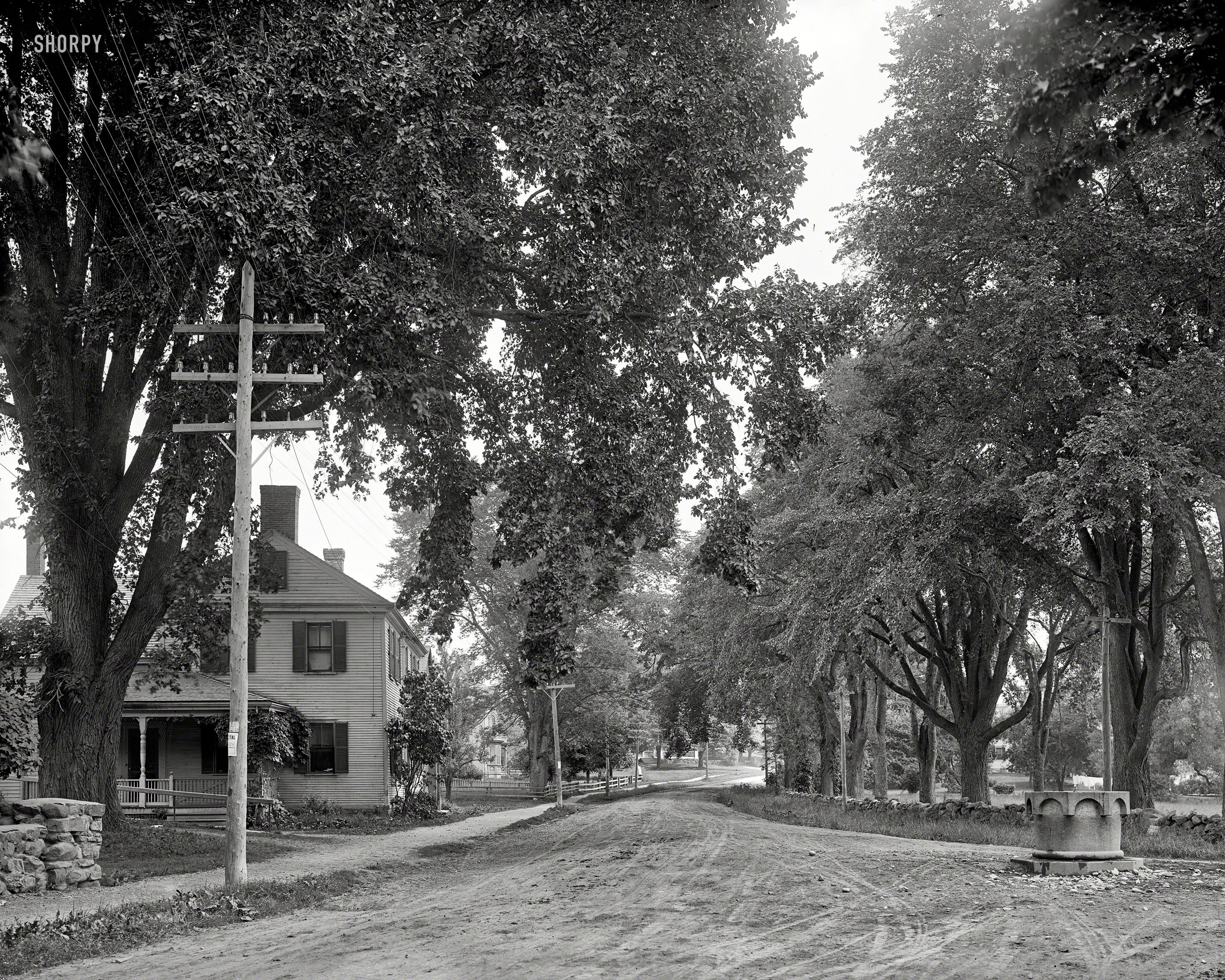 Circa 1908. "Street in York Village, York, Maine." Where perambulating is encouraged and moseying is mandatory. 8x10 glass negative. View full size.