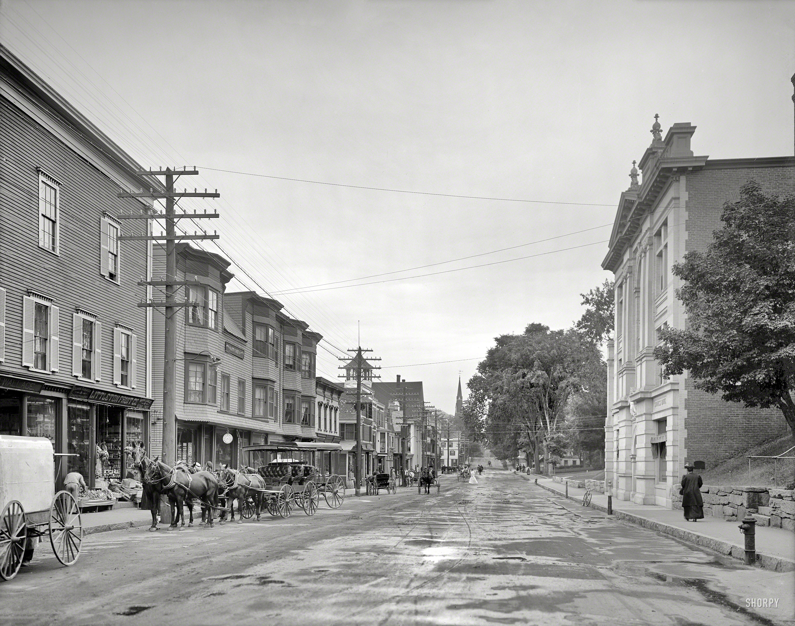 Circa 1908. "Main Street -- Littleton, New Hampshire." Yes, they have bananas, and Moxie, too. 8x10 glass negative, Detroit Publishing Co. View full size.