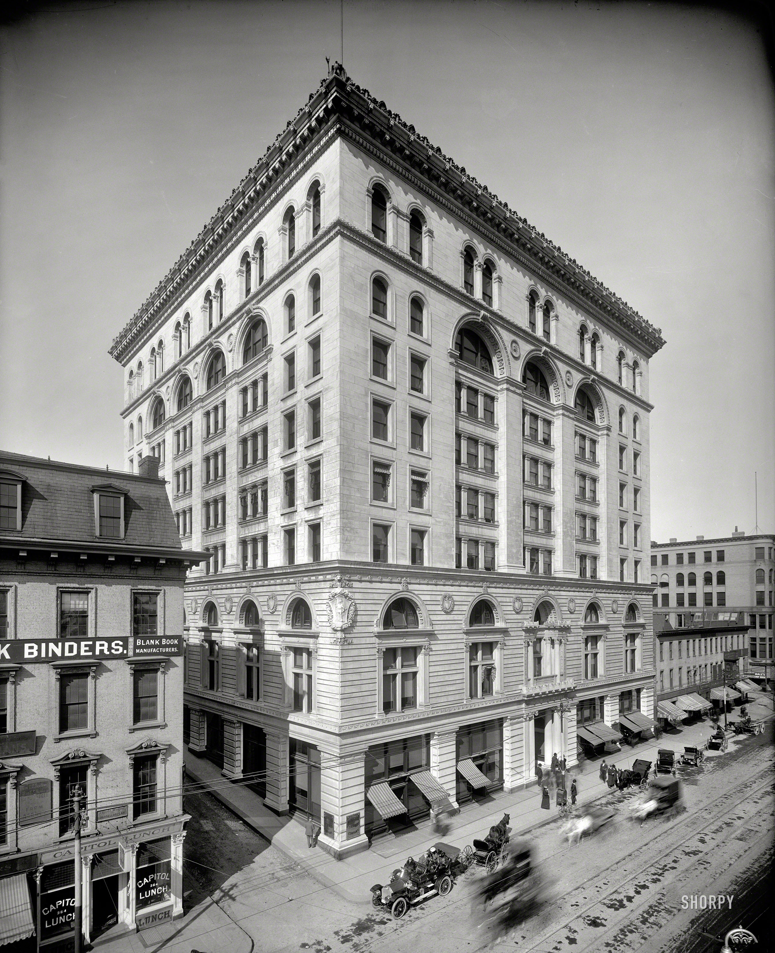 Circa 1908. "State Mutual Building, Worcester, Massachusetts." An 1897 Renaissance Revival confection seen in one of the surreal diagonal perspectives much loved by Detroit Publishing. 8x10 inch glass negative. View full size.