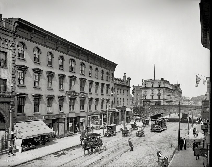 Springfield, Mass., circa 1908. "Massasoit House and R.R. Arch." A variety of hazards for the unwary pedestrian. 8x10 glass negative. View full size.
