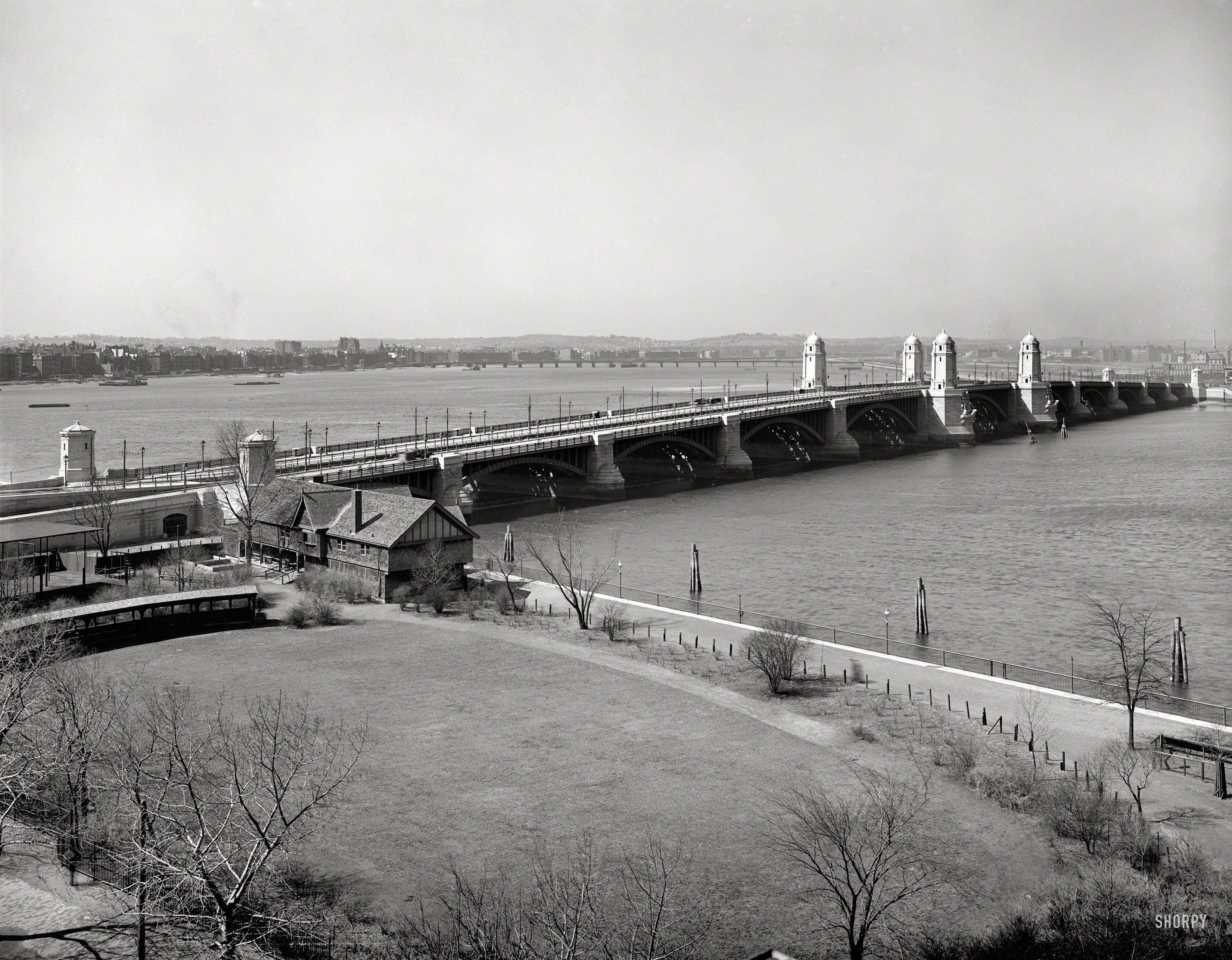 Circa 1908. "West Boston Bridge, Boston, Massachusetts." The "Salt-and-Pepper Bridge" over the Charles River. 8x10 glass negative. View full size.