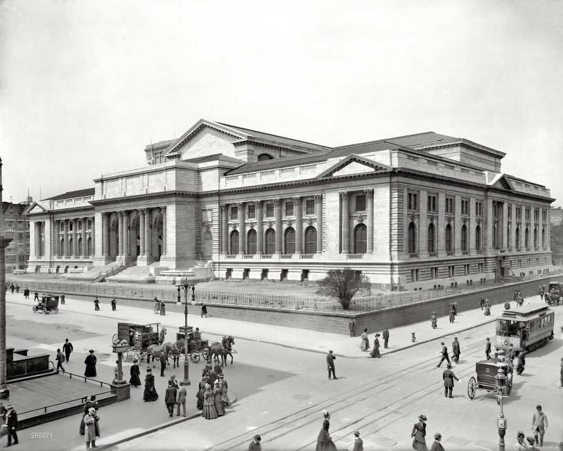 The New York Public Library under construction circa 1908, sans Patience and Fortitude. 8x10 inch glass negative, Detroit Publishing Company. View full size.
