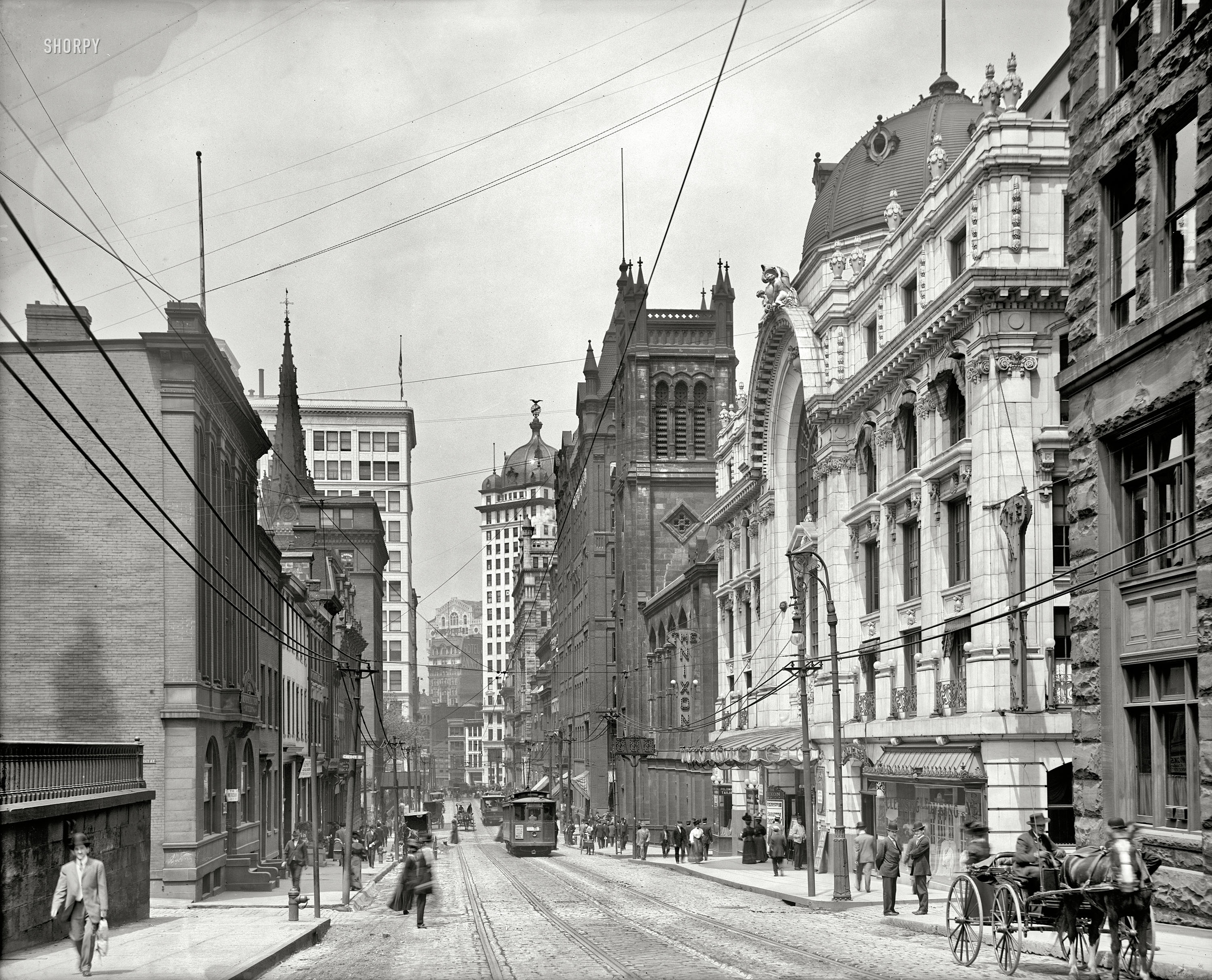 Pittsburgh, Pennsylvania, circa 1908. "Nixon Theatre, Sixth Avenue & Cherry Alley." 8x10 inch glass negative, Detroit Publishing Company. View full size.