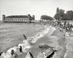Cleveland, Ohio, circa 1908. "The beach and pavilion at Gordon Park, Lake Erie." 8x10 inch glass negative, Detroit Publishing Company. View full size.