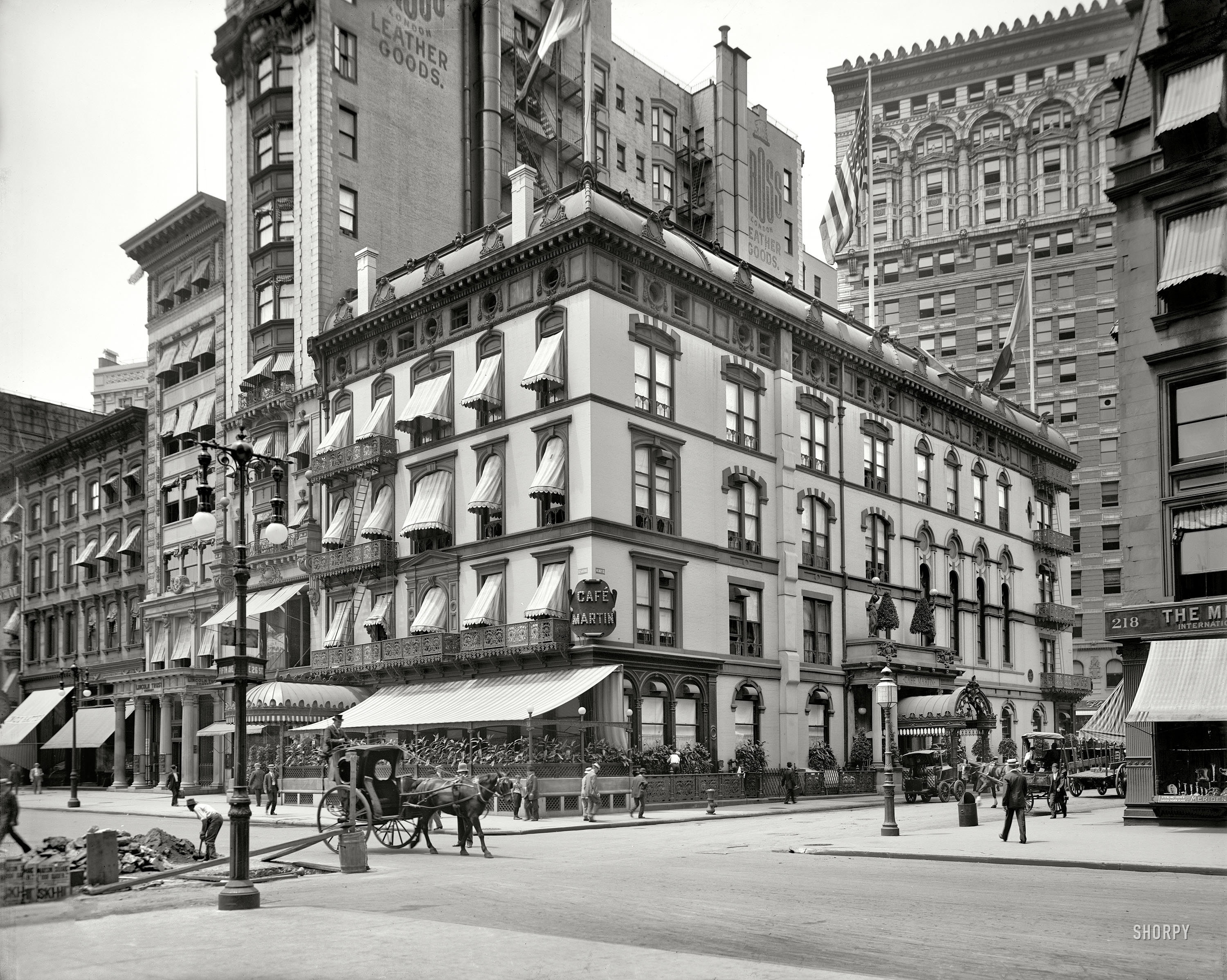 New York circa 1908. "Cafe Martin, Fifth Avenue and 26th Street."  8x10 inch dry plate glass negative, Detroit Publishing Company. View full size.