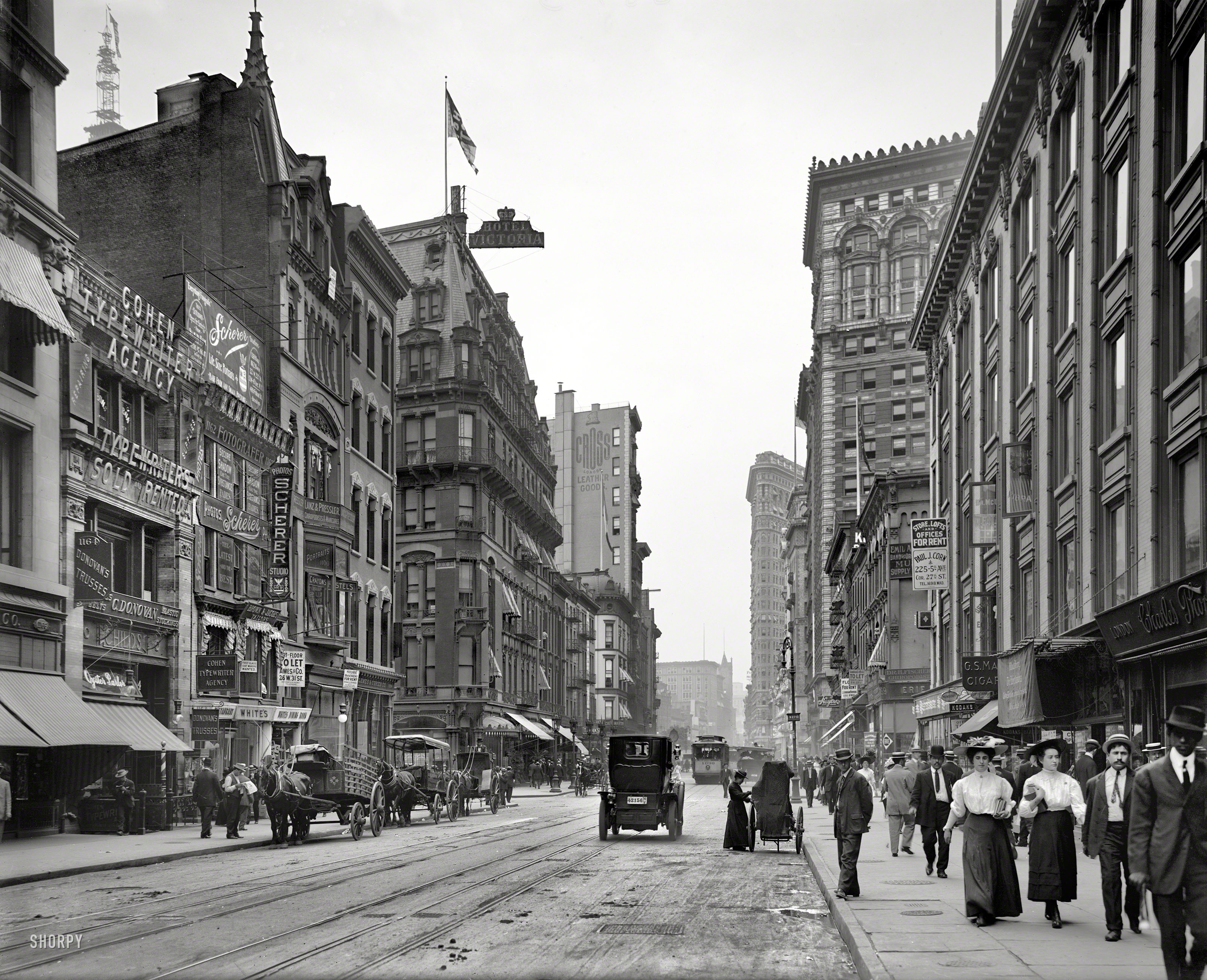 New York circa 1910. "Broadway and Hotel Victoria." With the Flatiron Building looming in the distance. 8x10 glass negative. View full size.
