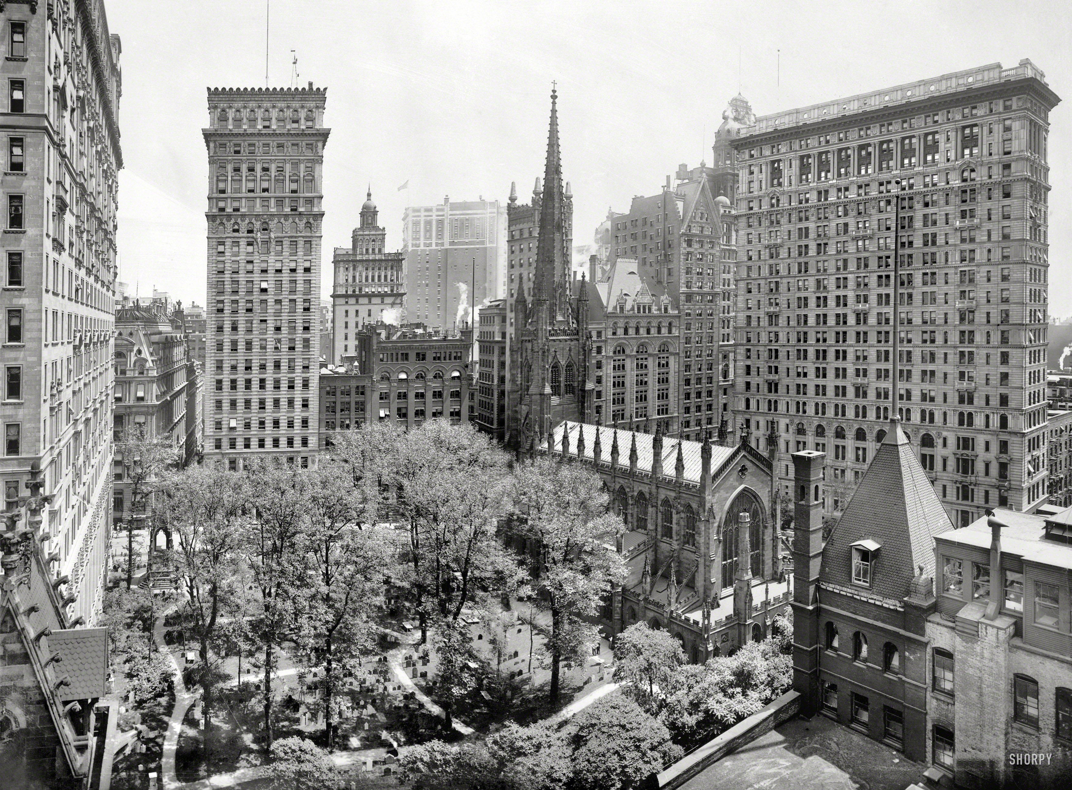 New York circa 1908. "Trinity churchyard and skyscrapers." God and Mammon in Manhattan. 8x10 glass negative, Detroit Publishing Company. View full size.