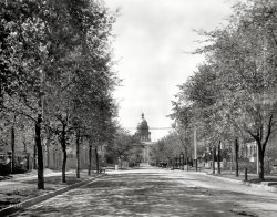 Denver circa 1908. "Sherman Avenue and Colorado statehouse." 8x10 glass negative by William Henry Jackson, Detroit Publishing Co. View full size.
Westward Ho!I enjoy checking out Shorpy on a daily basis, but seldom comment.  So nice to see something from the West!  Thanks!
The University ClubThe building on the immediate right in the photo appears to still exist as the University Club, albeit with the modern addition covering much of the front.  
+104From about the same spot.  The Colorado State House is actually two long blocks away, not as close as the 1908 photo makes it look.  Central Presbyterian Church is still there on the left.
View Larger Map
Hasn&#039;t changed muchMy daughter lived right about where this shot was taken from about 10 years ago. What a wonderful view.  
+98Below is the same view (south from just above E. 17th Avenue) from June of 2006.
I workedI worked at Human Services on 16th &amp; Sherman St., a block away from the State House. It was in what's known as the old Farmer's Union Building on that corner. I worked there from 1976 - 1999 when I retired. Love seeing Sherman as it was about 70 years before I moved west from NYC.
(The Gallery, DPC)