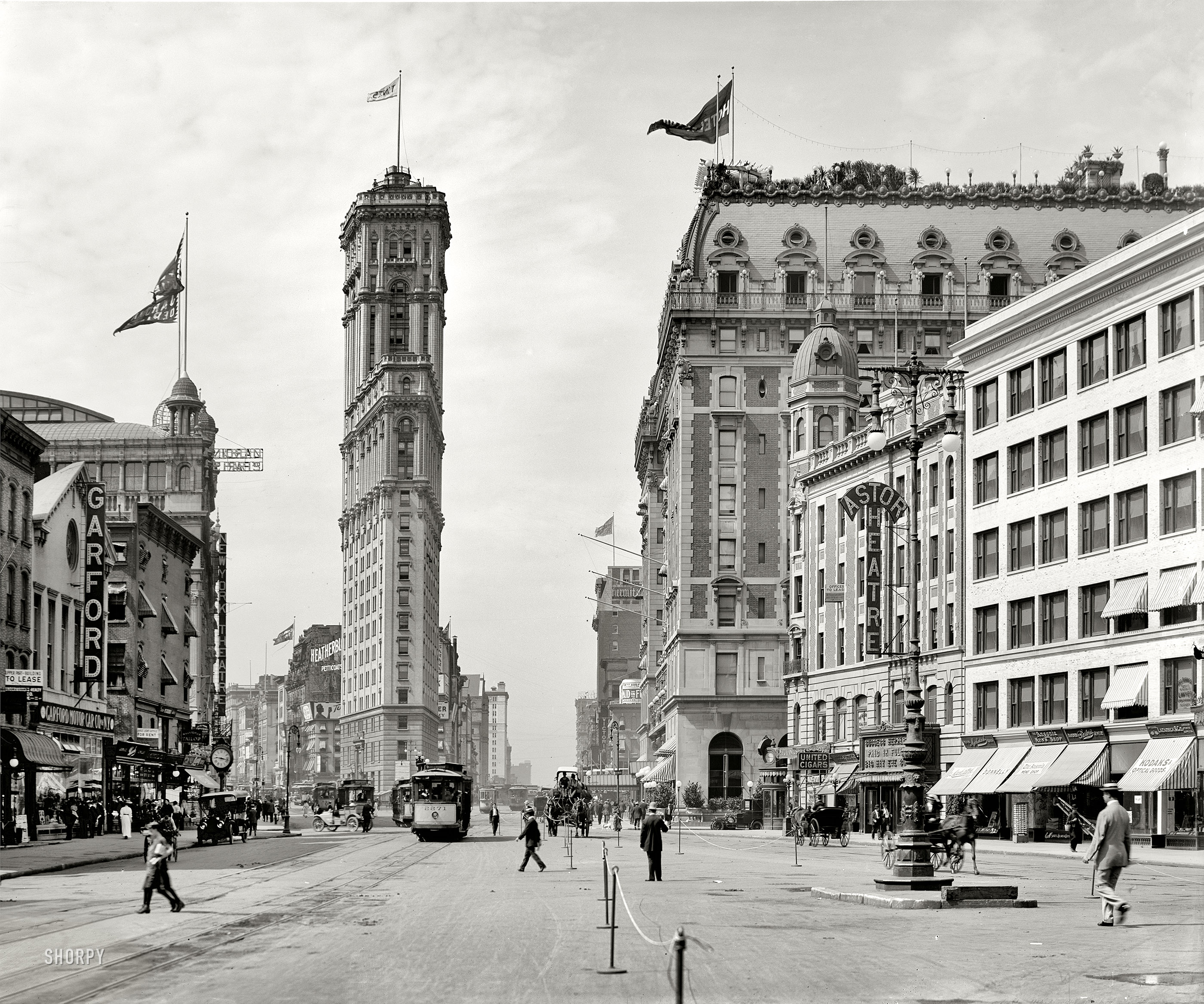 New York circa 1908. "Times Square." The old New York Times building, now encased in billboards, Hotel Astor and various theaters seen from Broadway. 8x10 inch dry plate glass negative, Detroit Publishing Company. View full size.