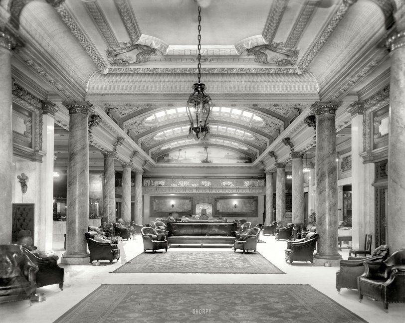 June 1909. Toledo, Ohio. "The lobby, Hotel Secor." I cackled with glee upon realizing that this empty-looking time exposure was in fact crowded with spectral hotel guests. Are they still there? 8x10 inch glass negative. View full size.
