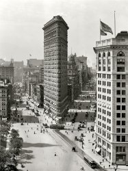 August 1909. "The Flat Iron building, New York." Yet another iteration of everyone's favorite proto-skyscraper. 8x10 glass negative. View full size.